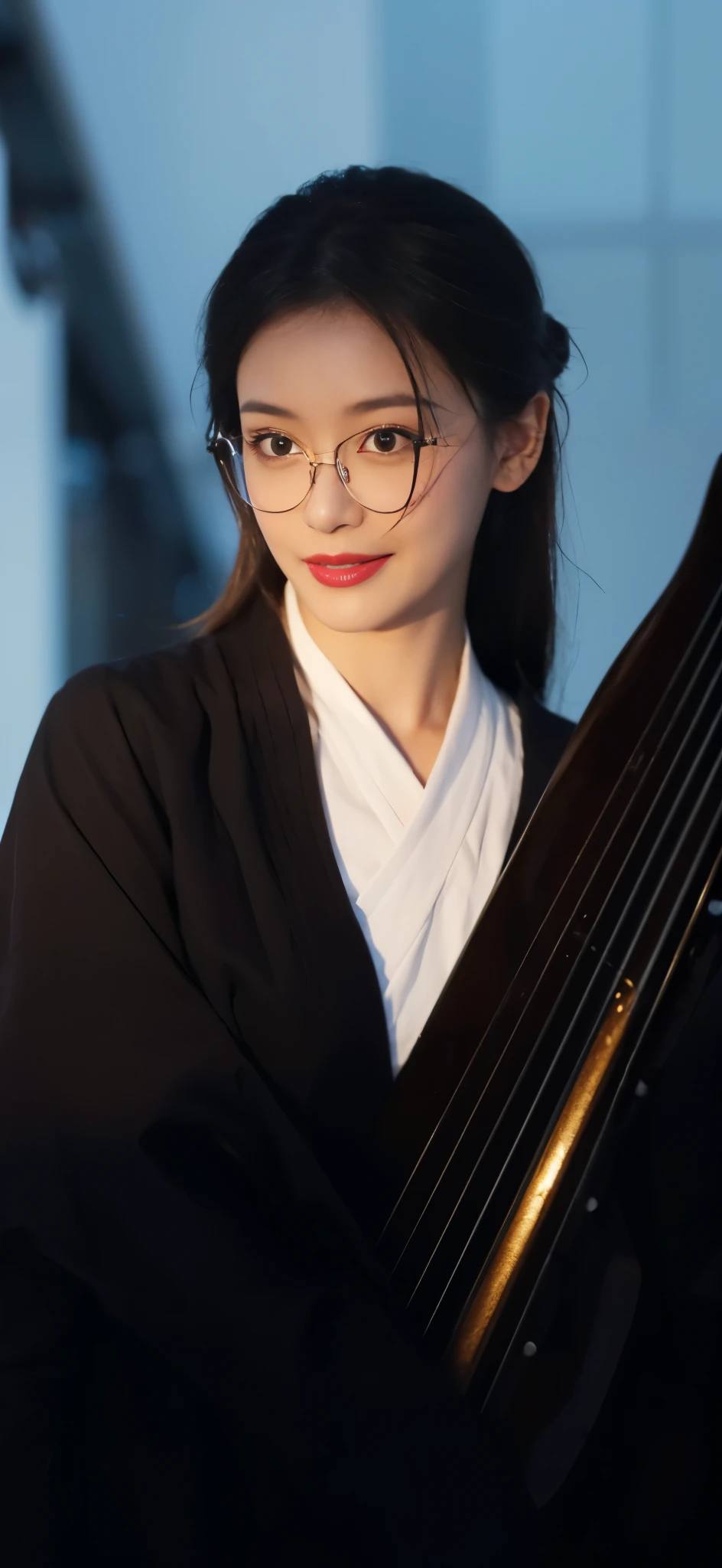 ((Masterpiece, Top image quality, high resolution、alone、shiny skin))(on the table, best quality, actual, super detailed, meticulous, high resolution, 8k wallpaper), Close-up portrait of a beautiful woman, like, smiling, light brown messy hair, Perfect dynamic composition, 美丽meticulous的眼睛, Just like the cover of a fashion magazine, on campus,wearing gold glasses
