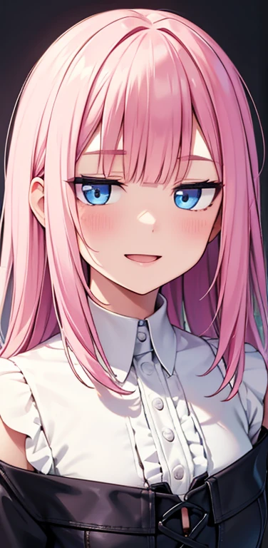 Realistic、1girl、fluorescence pink hair、blue eyes、(eye focus:1.3,face focus:1.3,upper body:1.5),(gradient eyes:1.3),(blouse)、open mouth,(light smile:1.3),blunt bangs、cute face,portrait,