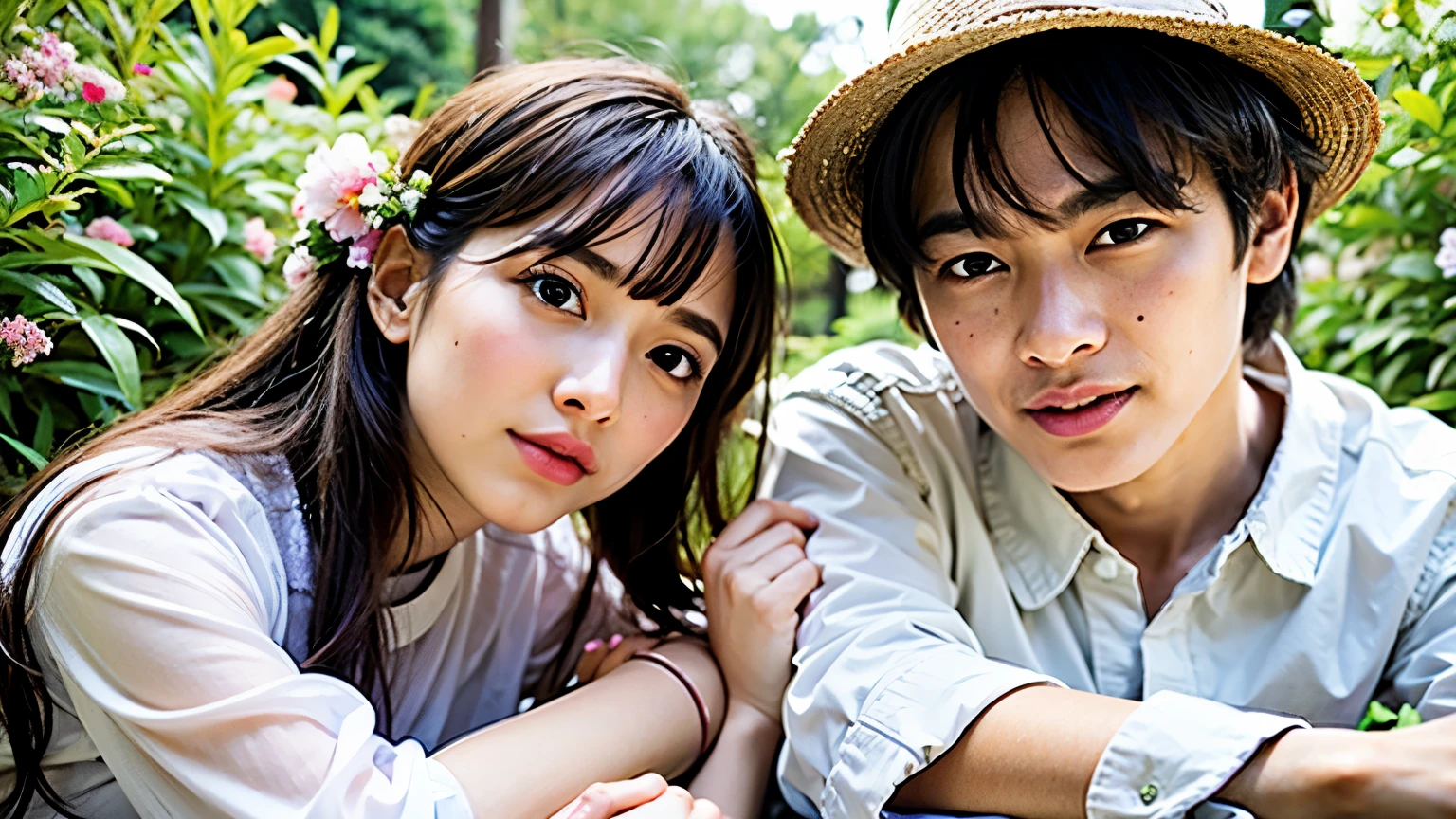 couple sitting in the grass with flowers in their hair, lovely couple, cute realistic portrait, couple pose, high detailed