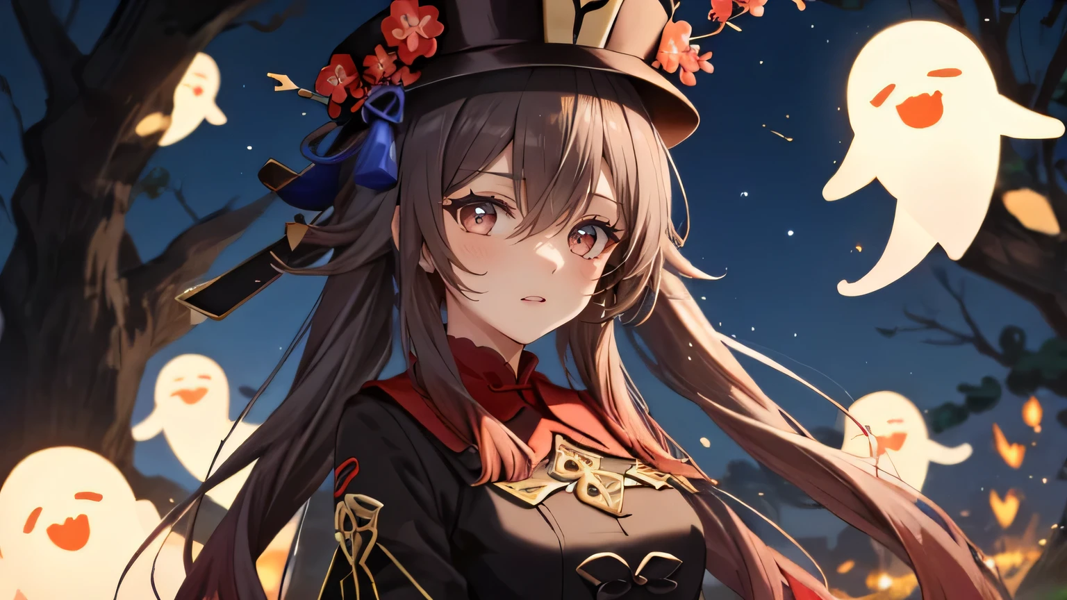 (Best quality,a high resolution)Hu Tao from Genshin Impact , long hair, extremely detailed , a high resolution, Best quality, masterpiece, (do it:1.3),), Khutaodef, smile, night forest, ghosts , Fireflies, full face and head in frame , intense gaze, full hat in frame