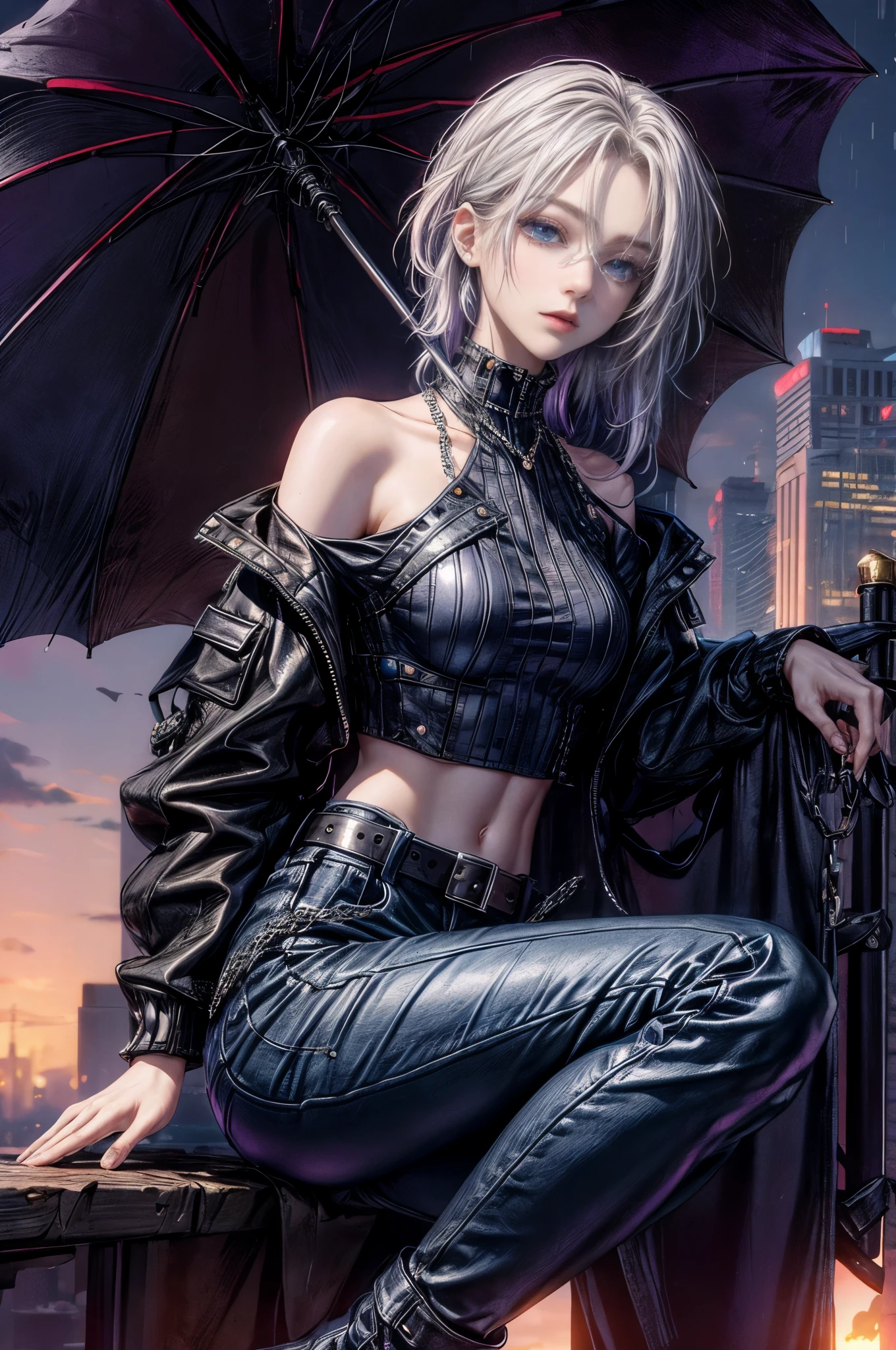 cinematic lighting、highest quality,cyberpunk world、1 female、(20 year old beautiful woman、Detailed beautiful facial features、medium hairの青髪、shoulder length hair、messy hair、blue eyes:1.4)break,medium hair、(Bright blue hair:1.5)
BREAK
((dark leather rebellion) theme),(graphics T-shirt) (full leather outfit with a fitted leather jacket, leather pants, and chunky boots:1.1), (accessorized with silver chain jewelry and a studded leather belt:1.3),
BREAK、purple color closed umbrella、BREAK.
(Evening after the rain、You can see the sunset、A place where you can see futuristic buildings in the distance、A wet place right after the rain)BREAK(portrait angle)