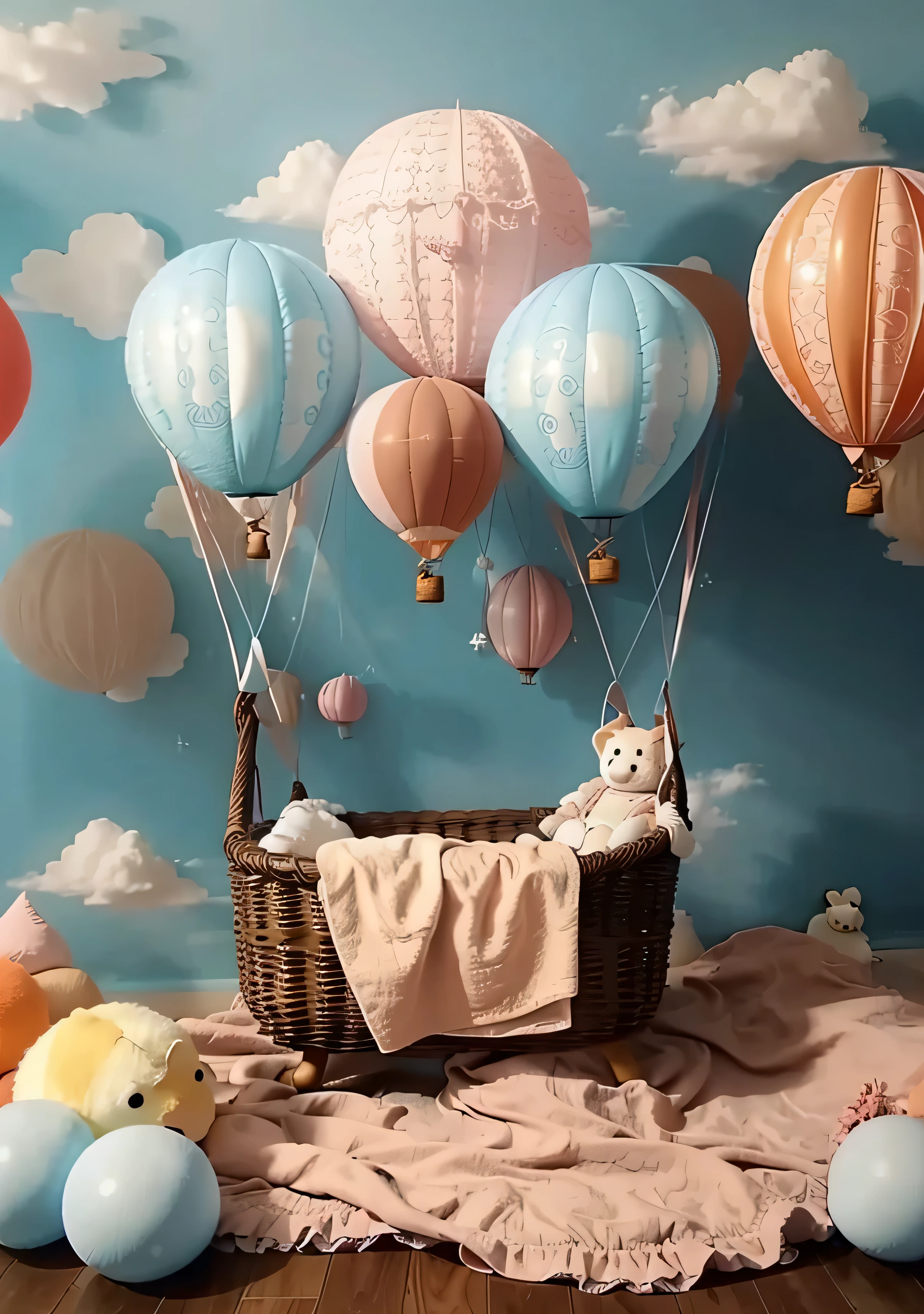 there is a baby in a basket with a blanket and stuffed animals, como un globo de aire, hot air Tutela, Tutela, adorable y caprichoso, Tutela, flotando en el cielo, flotando en el cielo, dreamy and detailed, caprichoso y lindo, Brown and cyan blue color combination.., globo de aire caliente, flotando en el aire, globo, flotando en el aire