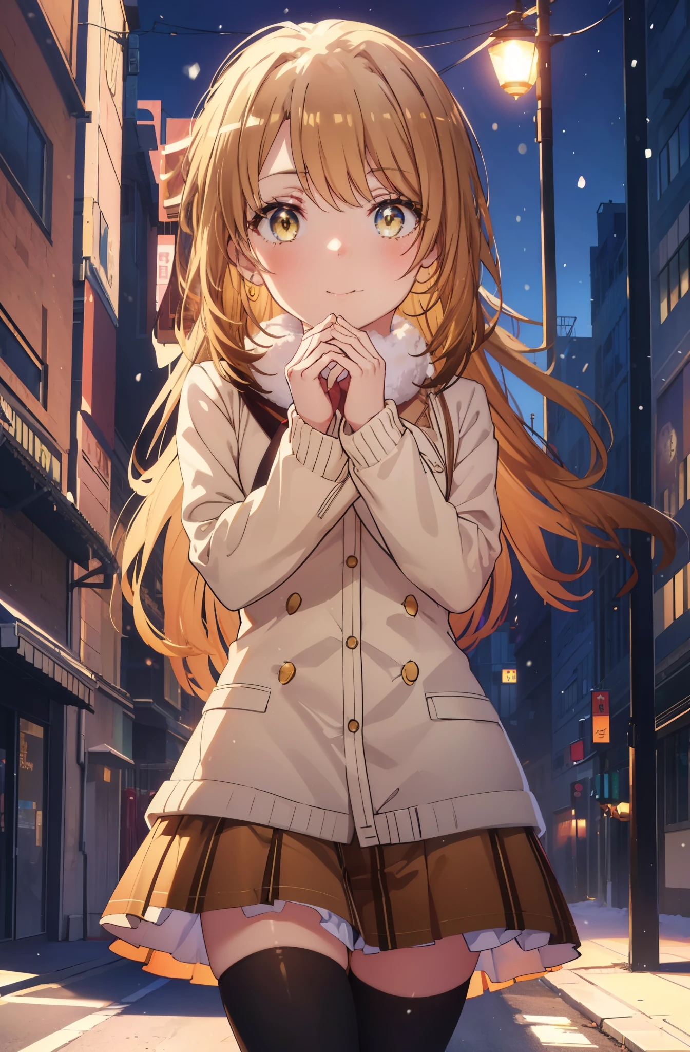 irohaisshiki, Isshiki Iroha, long hair, brown hair, (brown eyes:1.5), smile,blush,yellow long coat,sweater,red muffler,long skirt,black pantyhose mini boots,winter,It's snowing,whole body,peek from below,
break outdoors, city,building street,
break (masterpiece:1.2), highest quality, High resolution, unity 8k wallpaper, (shape:0.8), (beautiful and detailed eyes:1.6), highly detailed face, perfect lighting, Very detailed CG, (perfect hands, perfect anatomy),