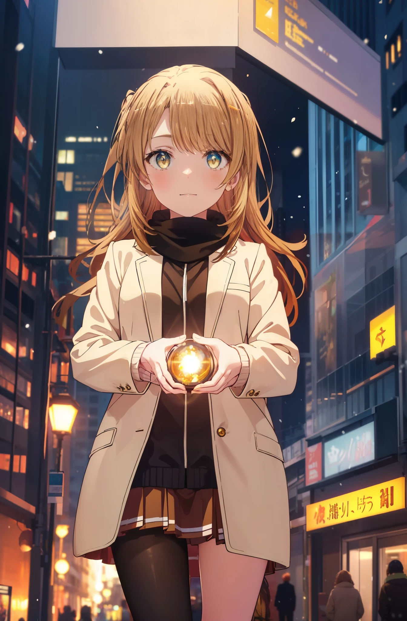 irohaisshiki, Isshiki Iroha, long hair, brown hair, (brown eyes:1.5), smile,blush,yellow long coat,sweater,red muffler,long skirt,black pantyhose mini boots,winter,It&#39;s snowing,whole body,peek from below,
break outdoors, city,building street,
break (masterpiece:1.2), highest quality, High resolution, unity 8k wallpaper, (shape:0.8), (beautiful and detailed eyes:1.6), highly detailed face, perfect lighting, Very detailed CG, (perfect hands, perfect ???????),