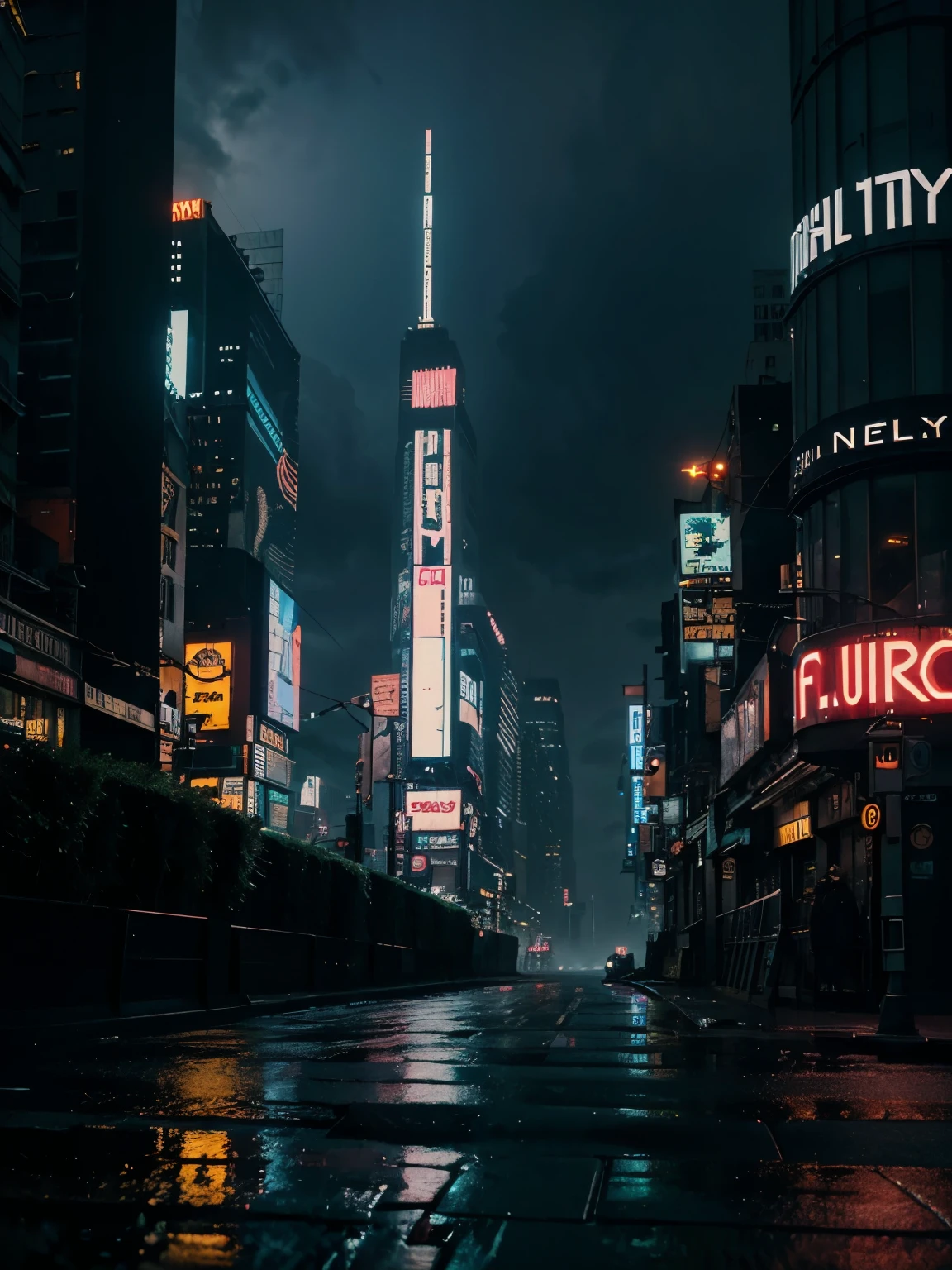 New york, city, cyberpunk, cyberpunk city, cyberpunk style, neon light, rain, fog, night time, road, ground view, tall city, lake, city background, no one, 8k, masterpiece, high resolution, high details