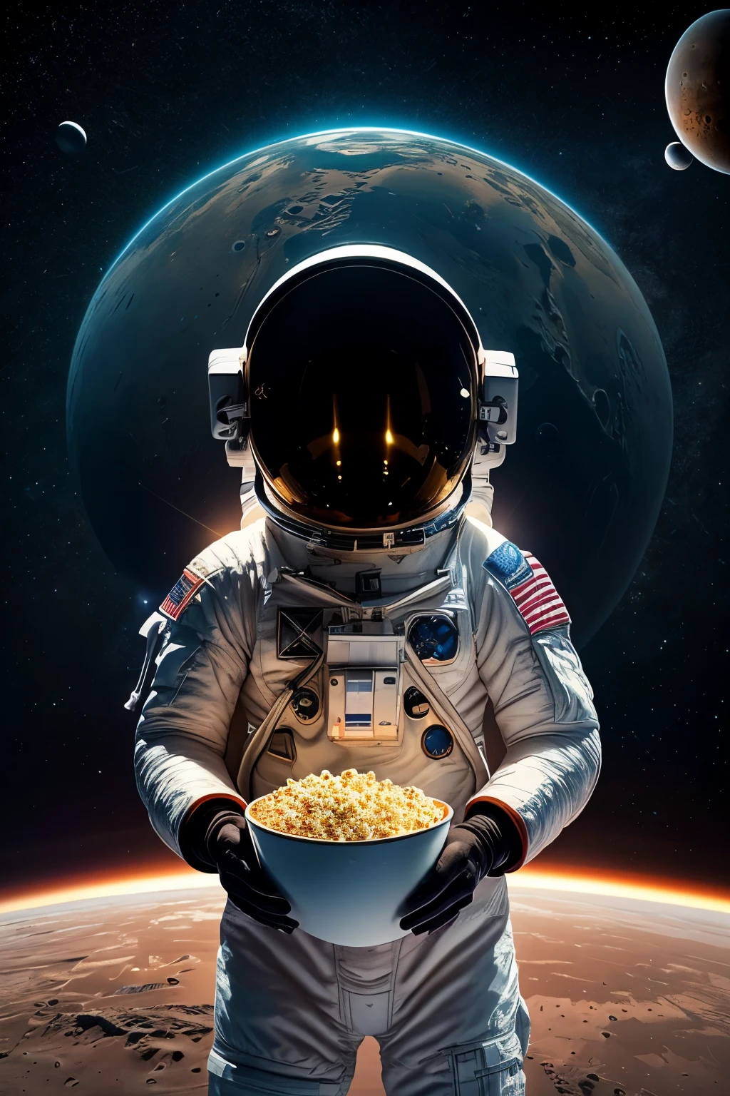 astronaut eating a bowl of popcorn, realism, full size of body in space with a view of the Mars, red planet, beeple. hyperrealism, feeds on the entire cosmos, photo manipulation, an astronaut relaxing in space, realism | beeple, beeple daily art, creative photo manipulation, space travel, astronaut in space, space photography, astronaut lost in liminal space, astronaut