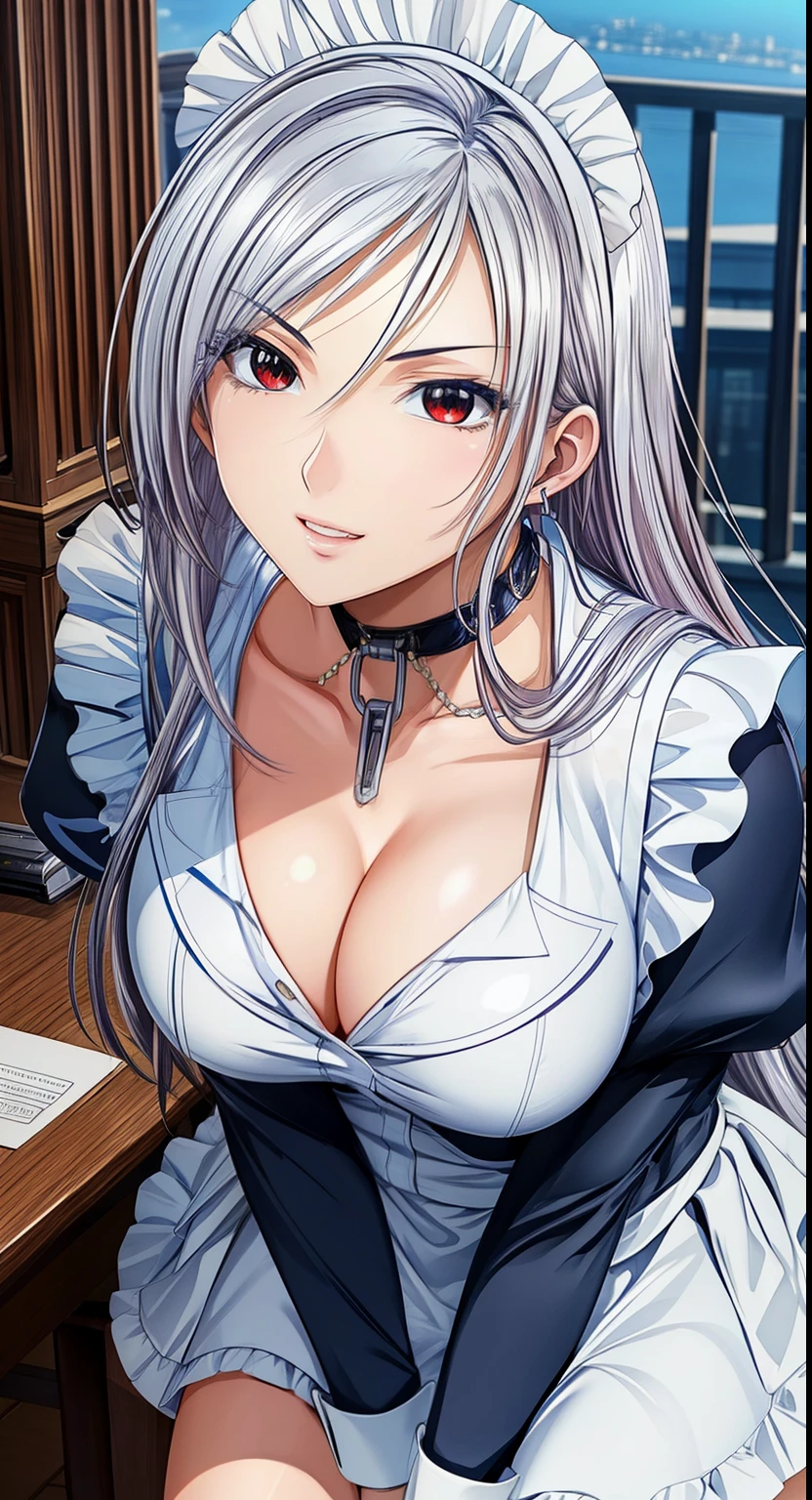 red eyes, (highest quality, masterpiece絵画:1.3), mature woman, 26 years old, (half body shot), masterpiece, Super high resolution, (Photoreal:1.0), silver hair、straight hair, Shiny and beautiful hair, white and shining skin, ((Super realistic details)), octane rendering, highly detailed face,  (big breasts:1.2), ((maid)), 白いmaid服, ((white mini skirt)),  cleavage, perfect body, soft skin, anime face, perfect face, perfect eyes, looking at the viewer, smart, coffee shop,sharp focus, intricate details, professional artwork, (Bright colors:1.1), Bright colors, diffused lighting, digital blending, Super detailed body, ultra detail hair, super detailed face, It&#39;s trending on pixiv, top button opened, shy girl, Cute gaze, compensate, perfect lips, perfect compensate, Super precise painting, (light_smile:0.8)