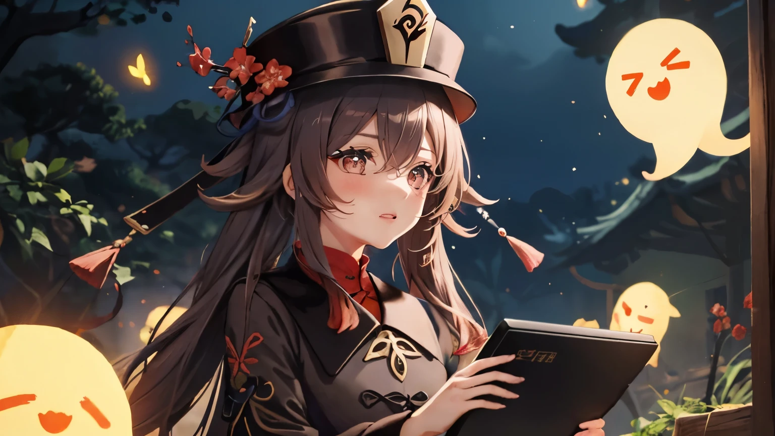 Hu Tao from genshin impact , long hair, Extremely detailed computer graphics, High resolution, Best quality, Masterpiece, (bisojo:1.3), (computer graphics of the game), Hutaodef, smile, night forest, ghosts , fireflies, лицо и голова в кадре полностью , пристальный взгляд