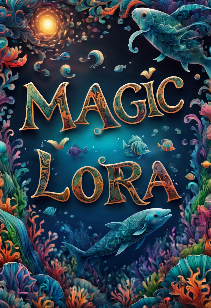 (best quality,ultra-detailed,realistic:1.37), text that says "magical lora", in the ocean, zentangle, full colored, 3d crunch,