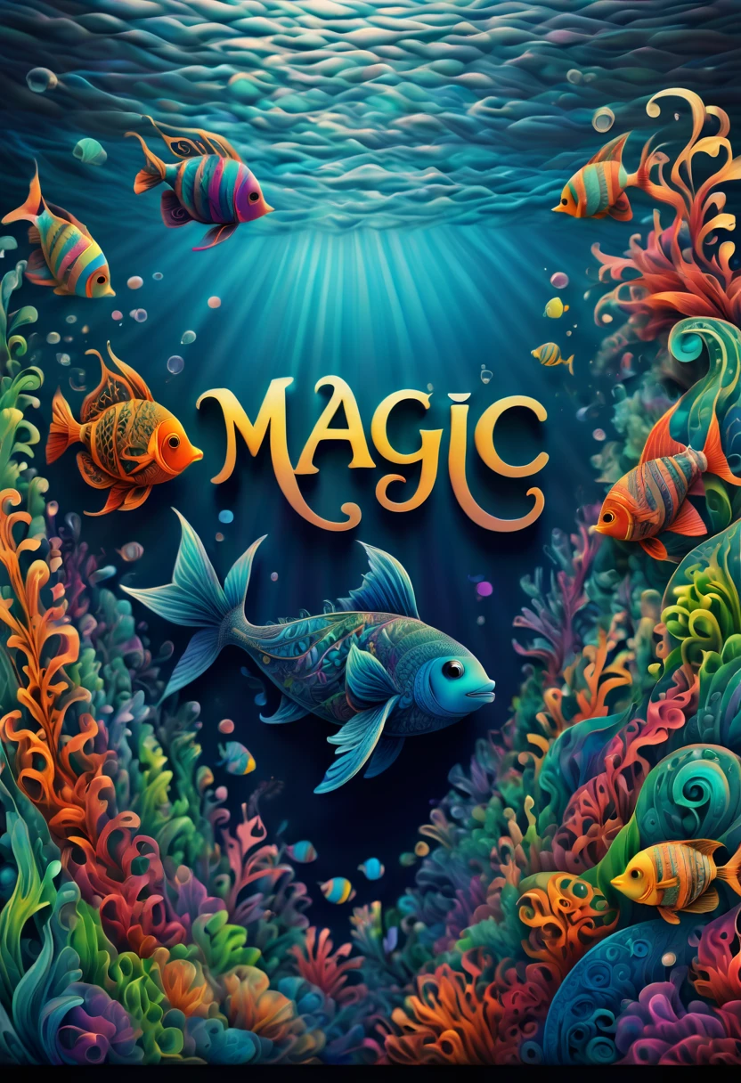 (best quality,ultra-detailed,realistic:1.37), text that says "magical lora", in the ocean, zentangle, full colored, 3d crunch,