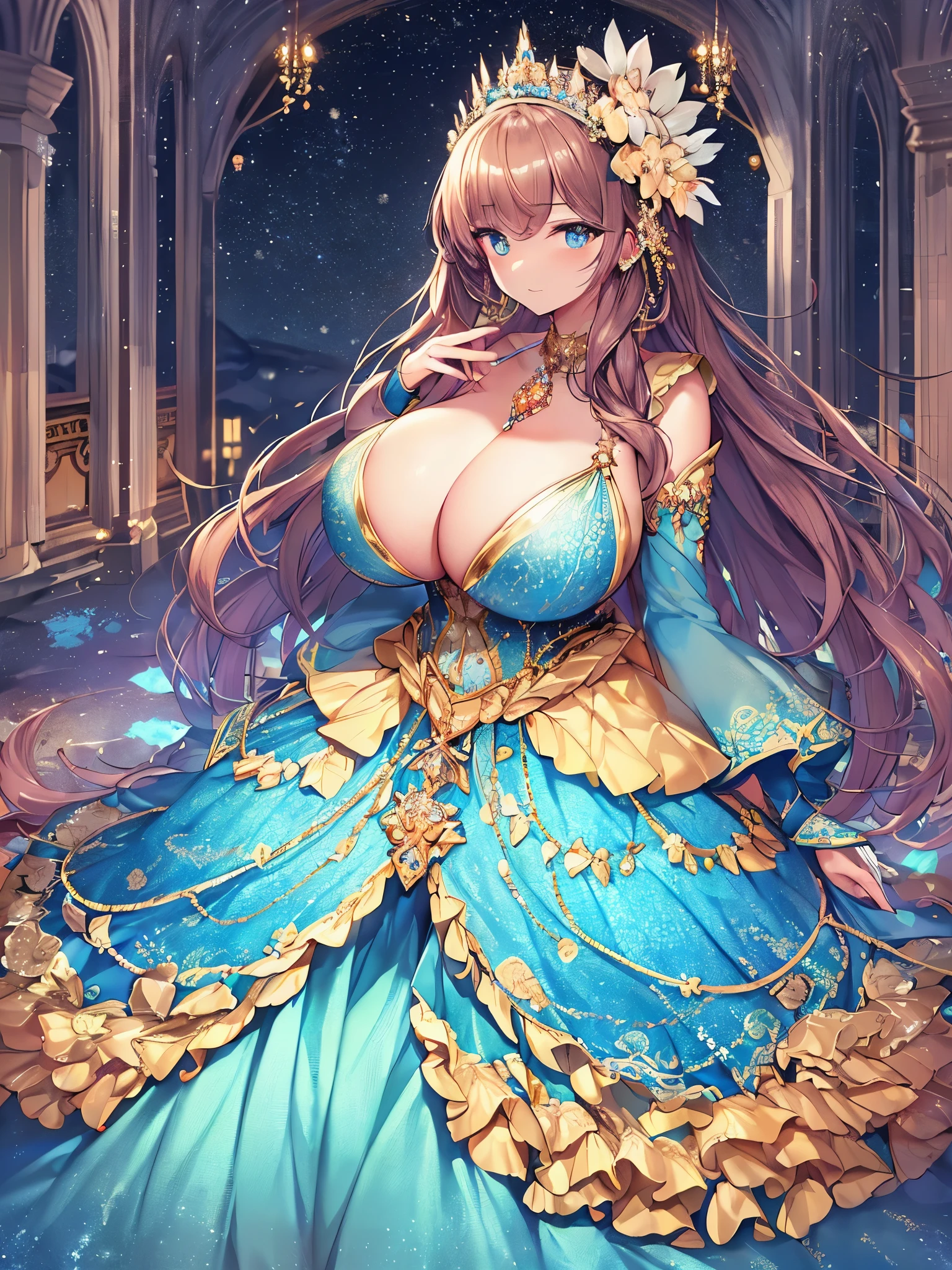 anime artstyle,Masterpiece,Best Quality,Super Detail,((Very Delicate and Beautiful)),(((1 princess in beautiful embroidery and jeweled gorgeous rococo ballgown with voluminous hoop skirt))),((Solo)),((winter garden with snow,sonw,sky)),((outdoor)),(((full body))),(very gigantic tits:1.5),((cleavage,gigantic tits,cleavage,sagging tits)),skindentation,((detailed face and eyes)),jewel-like eyes,((extremely voluminous straight Hair,Extremely Long Straight Hair)),((gorgeousfull embroidery and lace,beautiful embroidery and jeweled)),Gorgeous Gemstone Jewelry,gorgeous corsage,((gorgeous hair ornament,glitter jeweled gorgeous big tiara)),((full body)),((beautiful embroidery and jeweled gorgeous rococo ballgown with voluminous hoop skirt)),(crinoline),((winter garden with snow,sonw,snowflake,outdoor,sky)),Looking at viewer,dynamic angle,(beautiful embroidery and jeweled gorgeous rococo ballgown with voluminous hoop skirt:1.5),gorgeous rococo ballgown,(full body)