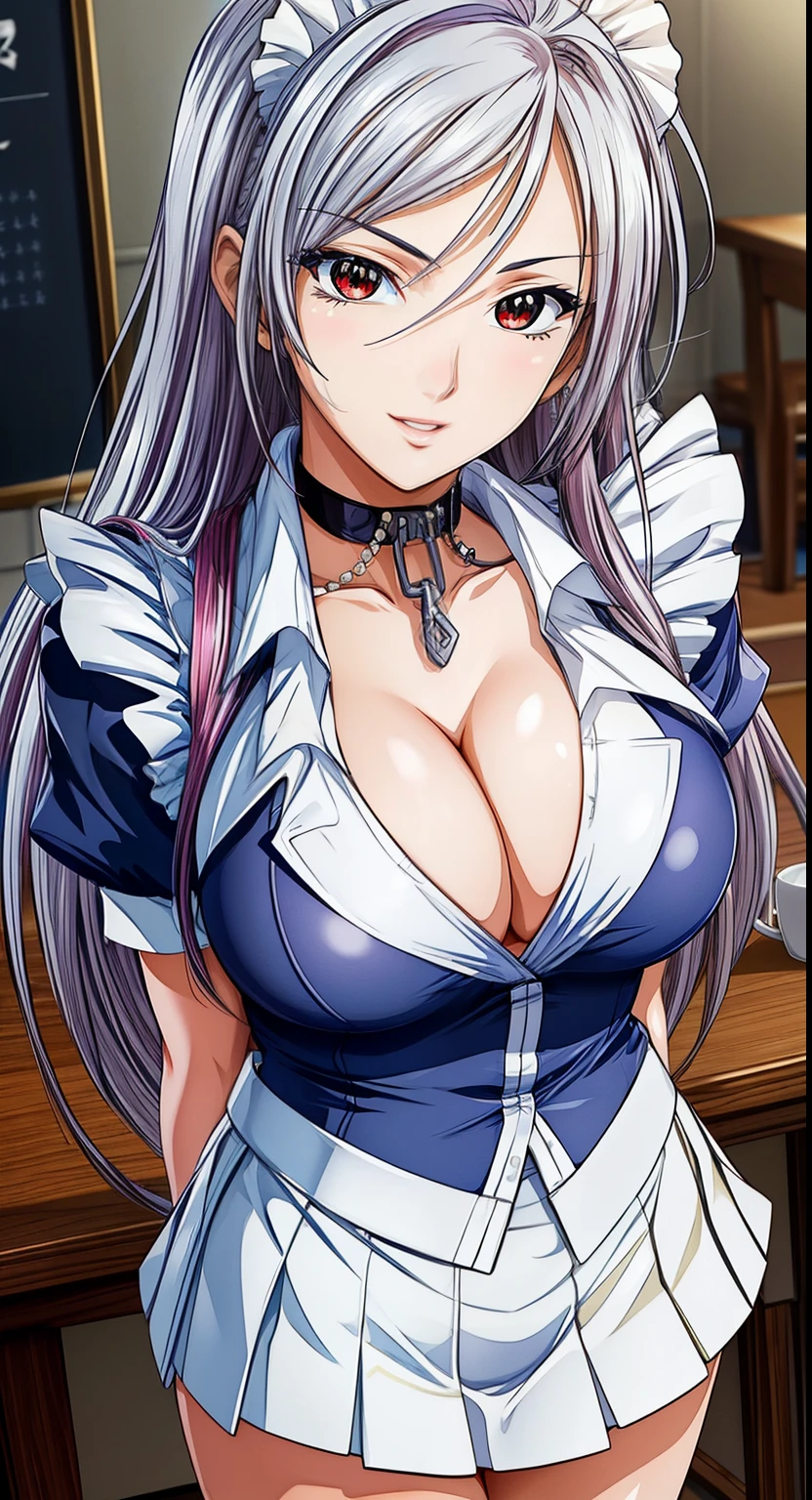 red eyes, (highest quality, masterpiece絵画:1.3), mature woman, 26 years old, (half body shot), masterpiece, Super high resolution, (Photoreal:1.0), silver hair、straight hair, Shiny and beautiful hair, white and shining skin, ((Super realistic details)), octane rendering, highly detailed face, (big breasts:1.2), ((maid)), 白いmaid服, ((white mini skirt)), cleavage, perfect body, soft skin, anime face, perfect face, perfect eyes, looking at the viewer, smart, coffee shop,sharp focus, intricate details, professional artwork, (Bright colors:1.1), Bright colors, diffused lighting, digital blending, Super detailed body, ultra detail hair, super detailed face, It's trending on pixiv, top button opened, shy girl, Cute gaze, compensate, perfect lips, perfect compensate, Super precise painting, (light_smile:0.8), embarrassing, blush your nose,