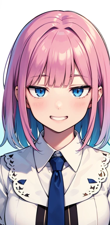 Realistic、1girl、fluorescence　pink hair、blue eyes、(eye focus:1.3,face focus:1.3,upper body:1.5),(gradient eyes:1.3),(blouse)、open mouth,(grin:1.3),blunt bangs、cute face,portrait,