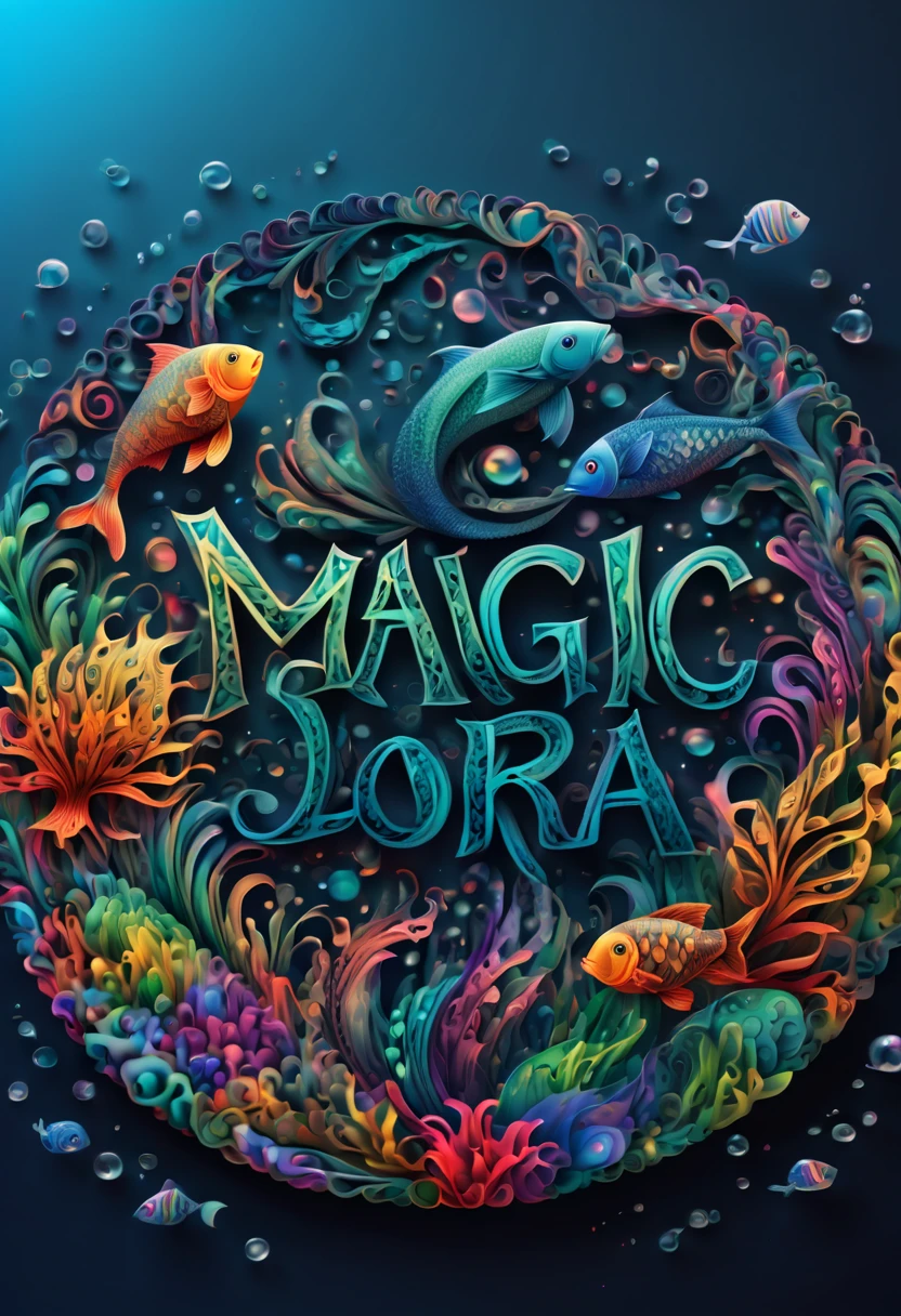 (best quality,ultra-detailed,realistic:1.37), text that says "magical lora", in the ocean, zentangle, full colored, 3d crunch,