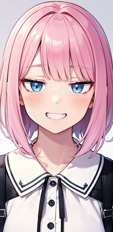 Realistic、1girl、fluorescence　pink hair、blue eyes、(eye focus:1.3,face focus:1.3,upper body:1.5),(gradient eyes:1.3),(blouse)、open mouth,(grin:1.3),blunt bangs、cute face,portrait,