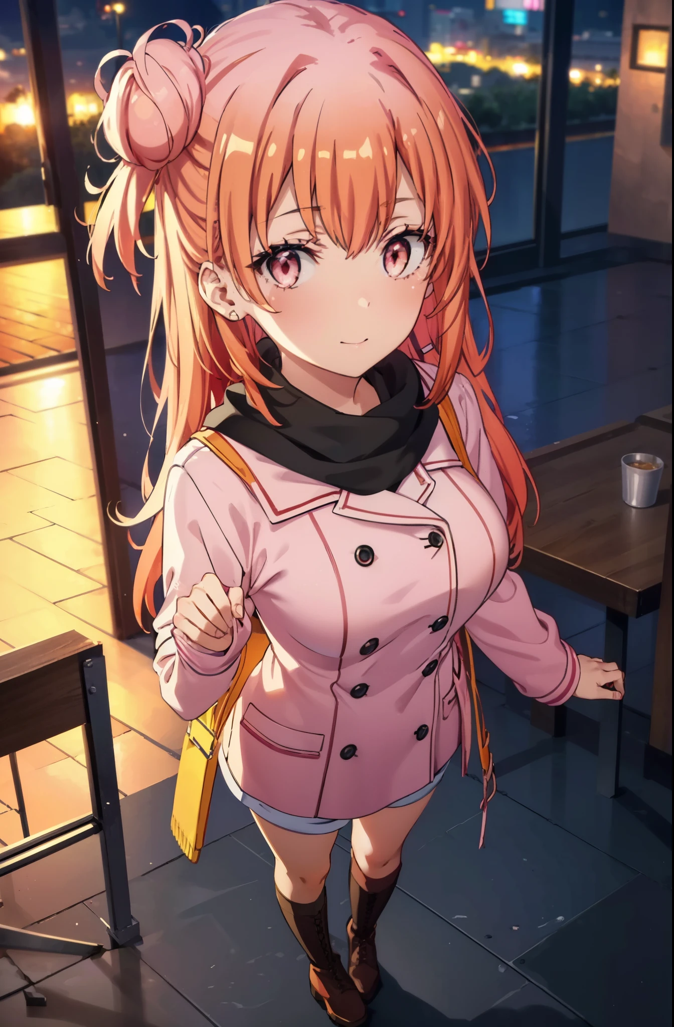yuiyuigahama, yui yuigahama, long hair, (pink eyes:1.5), (orange hair:1.2), bun hair, single bun hair,blush, smile, (big breasts:1.2),red muffler,Pink long coat open button,white sweater,shorts,black knee high socks,short boots,evening,sunset,
break outdoors,city,building street,
whole body,peek from above,
break (masterpiece:1.2), highest quality, High resolution, unity 8k wallpaper, (shape:0.8), (beautiful and detailed eyes:1.6), highly detailed face, perfect lighting, Very detailed CG, (perfect hands, perfect anatomy),