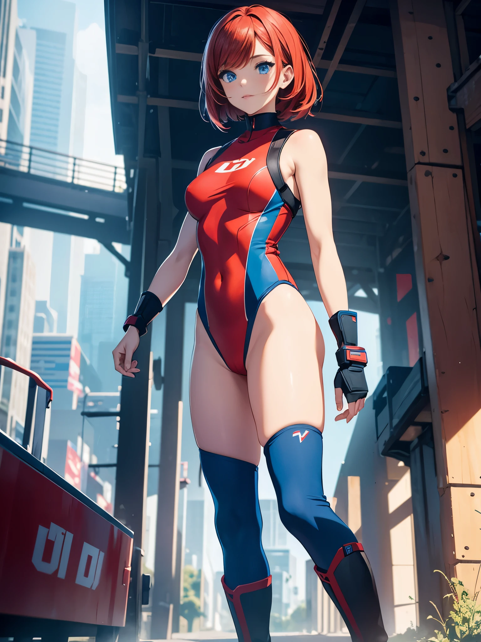 1girl, medium breasts, leotard, red leotard with blue accents, bare legs, boots, matching boots, bracelets, city backdrop, solo, single, standing, full body shot, cowboy shot, beautiful detailed eyes, blue eyes, mature lady, red hair, medium hair, superhero