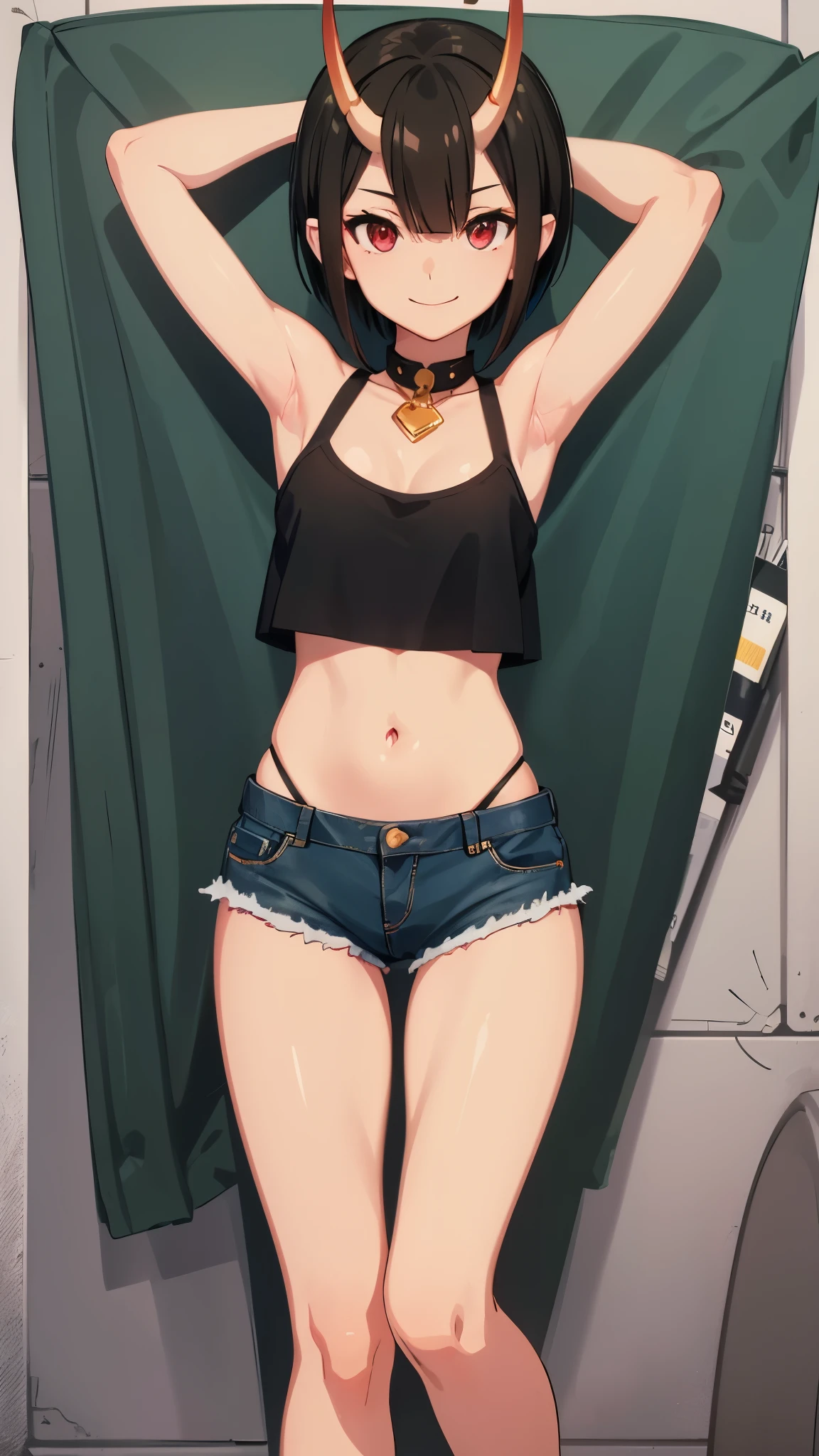 short girl, masterpiece, highres, solo, 8k, detailed, perfect face, (ultra high quality), looking viewers, collar bones, armpit, small breast, cleavage, black hair, short hair, red eyes, belly, stomach, navel, slim body, smile, crop tanktop, denim short, mini short, blush, thigh, horns