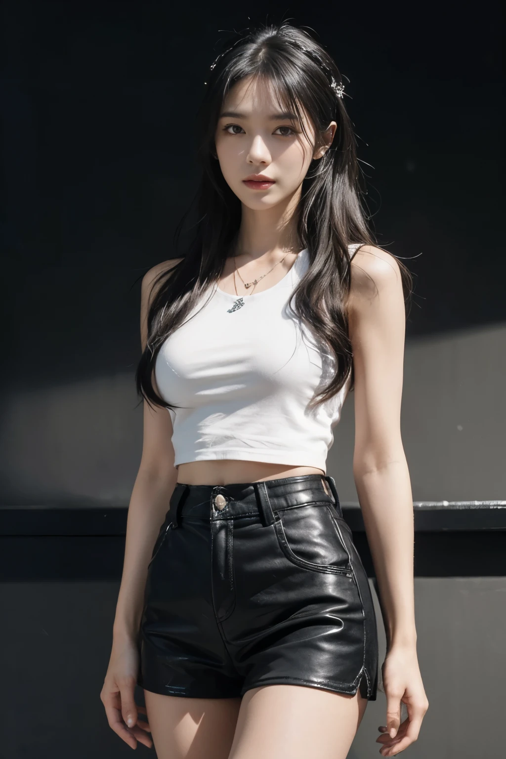 best quality, masterpiece level, intricate details, High-precision graphics, Ultra HD quality, Detailed shadows, wonderful atmosphere, dark background, shadow effect, local light, 1 girl,jewelry,long hair, hair accessories, necklace, skirt, forehead gem, Pants, adult,close up, looking at the audience, cold face, Upper body, Photorealistic,a beautiful girl, solo performance, The face and eyes are exquisite and detailed, Really fit the skin, black and white contrast scheme, High waist and slim leg lines, With shorts, (Sleeveless T-shirt top, full body demonstration),