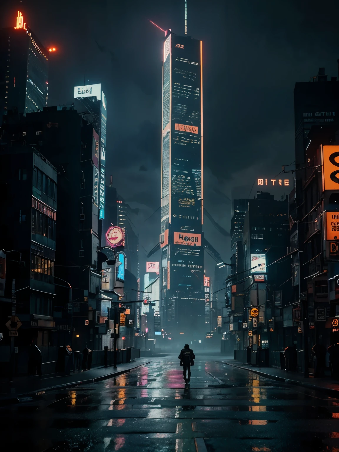 New york, futuristic, 2040's, city, cyberpunk, cyberpunk city, cyberpunk style, neon light, rain, fog, night time, road, ground view, tall city, lake, city background, no one, 8k, masterpiece, high resolution, high details