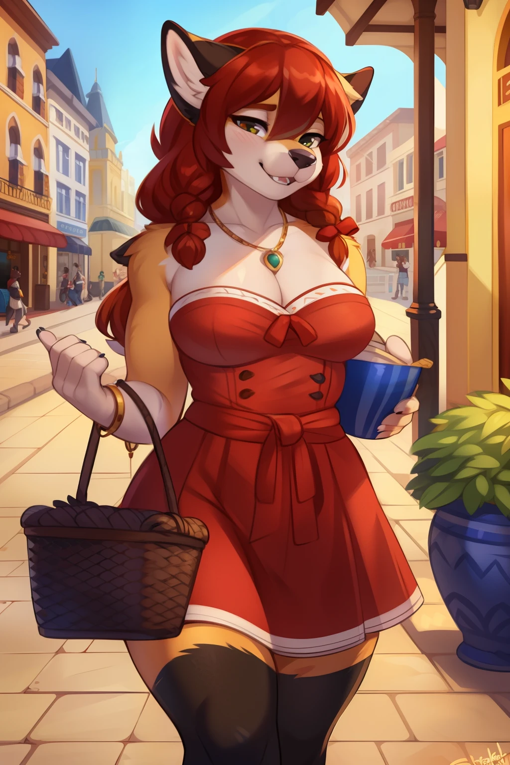 Solo, female, standing, street corner, wearing red dress, shoulder-length curly hair, renda extra money, holding a sign, determined expression, by mystikfox61, by glitter trap boy, by personalami, by seibear, by jaykat, by enro the mutt, by chung0 0, by drake1dragon, by poofroom, by cinnamonroll, by artsyfox, by sparklesprinkles, by Danza, holding basket of fruits, bargaining with customers, smiling and confident.