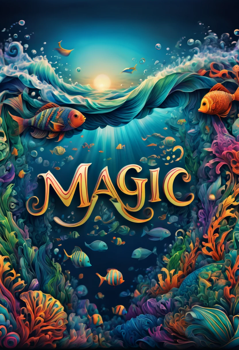 (best quality,ultra-detailed,realistic:1.37), text that says "magical lora", in the ocean, zentangle, full colored, 3d crunch,