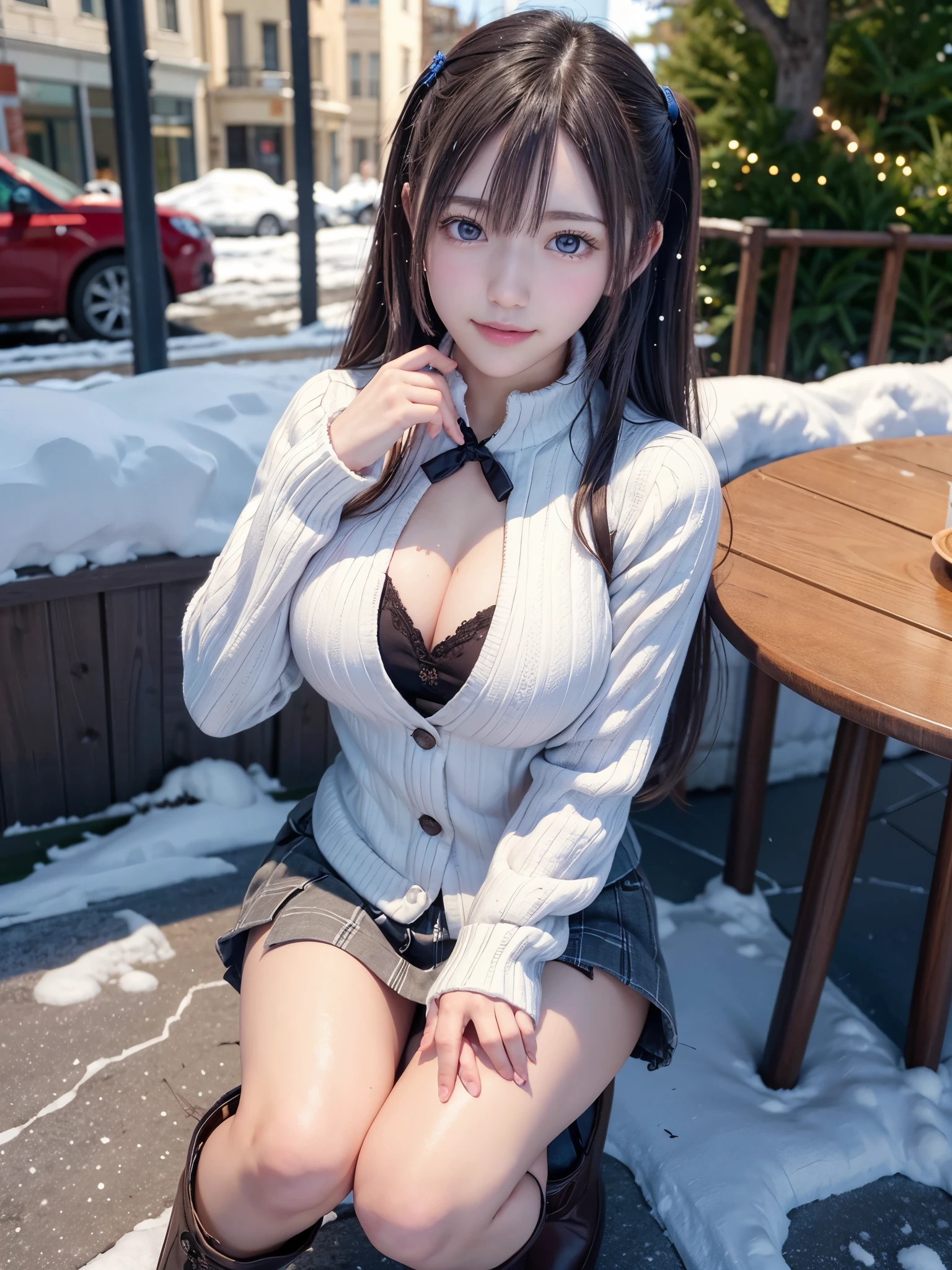 (table top:1.3, Photoreal:1.4, 8K), highest quality, masterpiece, Super high resolution, perfect dynamic composition, Highly detailed skin and facial textures:1.3, detailed eye, Detail of limbs, winter, (it&#39;s snowing:1.2), Snowfall landscape at night:1.2, 1 girl, Cute sexy 25 year old slim woman, Fair skin, (Snow fell on my body and clothes:1.2), ((laughter:0.9, completely enchants you:1.0)), (thick short jacket over pink long sleeves:1.3, tweed mini skirt:1.1), ((plump breasts:1.05)), short boots, (facing the front, bend your knees and squat on the snow), (beautiful blue eyes, Eyes that feel beautiful eros:0.85), sexy face:0.4, (A taste that gives you a beautiful sense of eroticism:0.85), ((Too cute beauty:0.9))、spread legs、