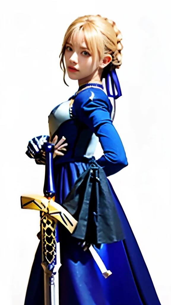 a woman in a blue dress holding a sword and a sword, artoria pendragon, final fantasy tactics character, holding a sword on her shoulder, anime style like fate/stay night, fate / stay night, she is holding a sword, fate stay night, rapier, inspired by Li Chevalier, fate grand order, pretty female cleric, marisa kirisame