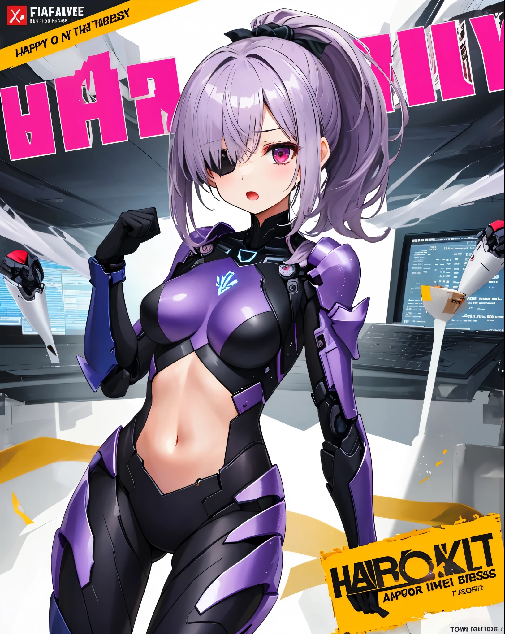 ,1girl,(:1.5), (short_ponytail:1.3), (light_whitish_purple_hair:1.3),black_mechanical_armor_parts,white_breasts_parts_red_black_body_suit,bare_shoulder,bare_slender_thighs,medium_breasts,on_the_desk, desk_background,Stinging_eyes,sleepy,thighhigh_greaves,gauntlets,dynamic_posing,bare_frank,metal_red_parts_armor,red_eye,solo,
fists,hold_weapon,glare,navel,large_mechanical_parts,happy,waist_armor,open_mouth,rise_legs,apart_legs, (covered_navel:1.3),(very_long_bangs:1.3), (hair_over_one_eye:1.5),(long_bang_covers_right_half_of_face:1.5),
(covered_pussy:1.1),covered_breasts,