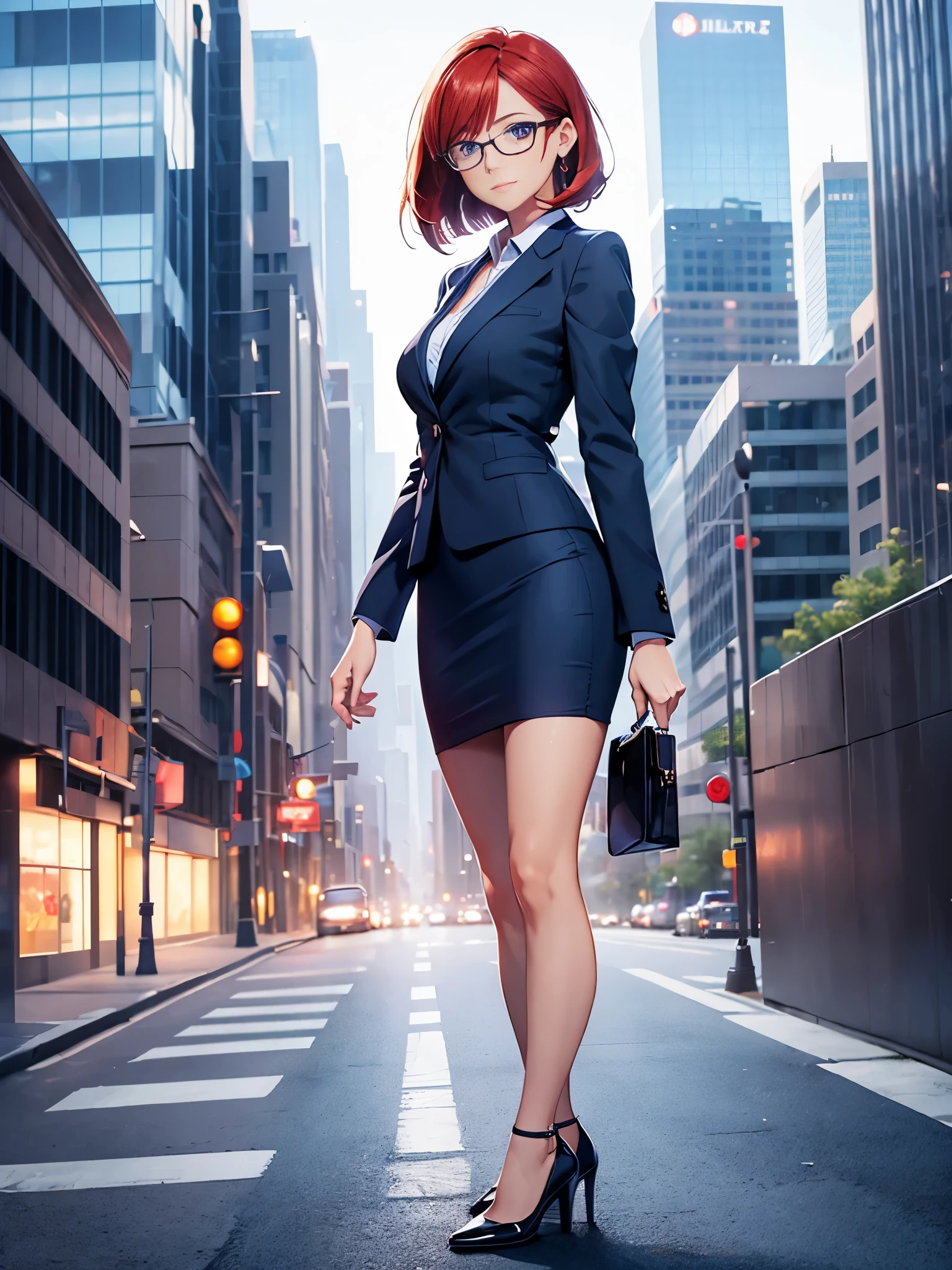 1girl, medium breasts, bare legs, shoes, shoes, city backdrop, solo, single, standing, full body shot, cowboy shot, beautiful detailed eyes, blue eyes, mature lady, glasses, office lady, blue suit, blue pencil skirt, miniskirt, red hair, bob hair