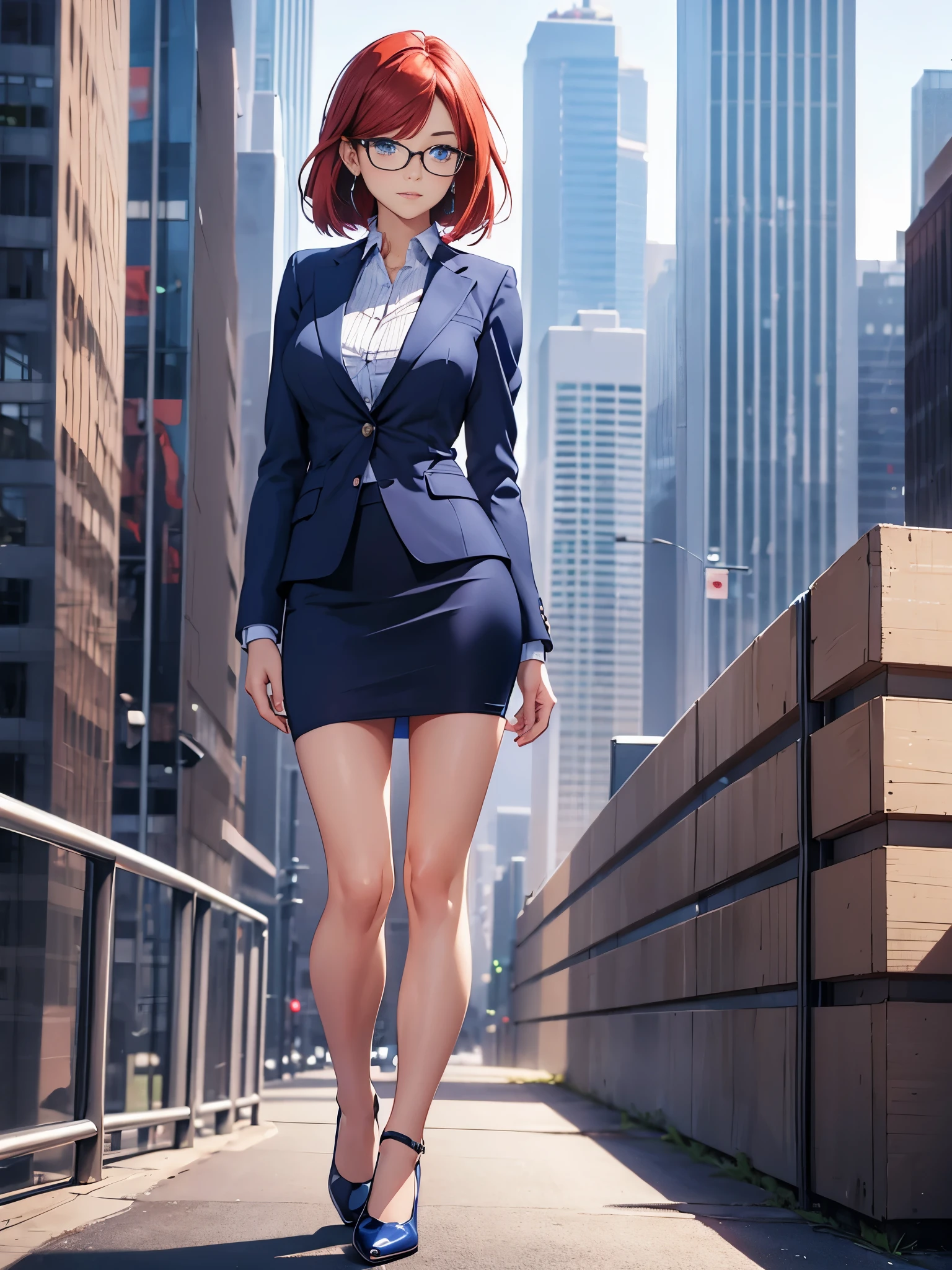 1girl, medium breasts, bare legs, shoes, shoes, city backdrop, solo, single, standing, full body shot, cowboy shot, beautiful detailed eyes, blue eyes, mature lady, glasses, office lady, blue suit, blue pencil skirt, miniskirt, red hair, bob hair