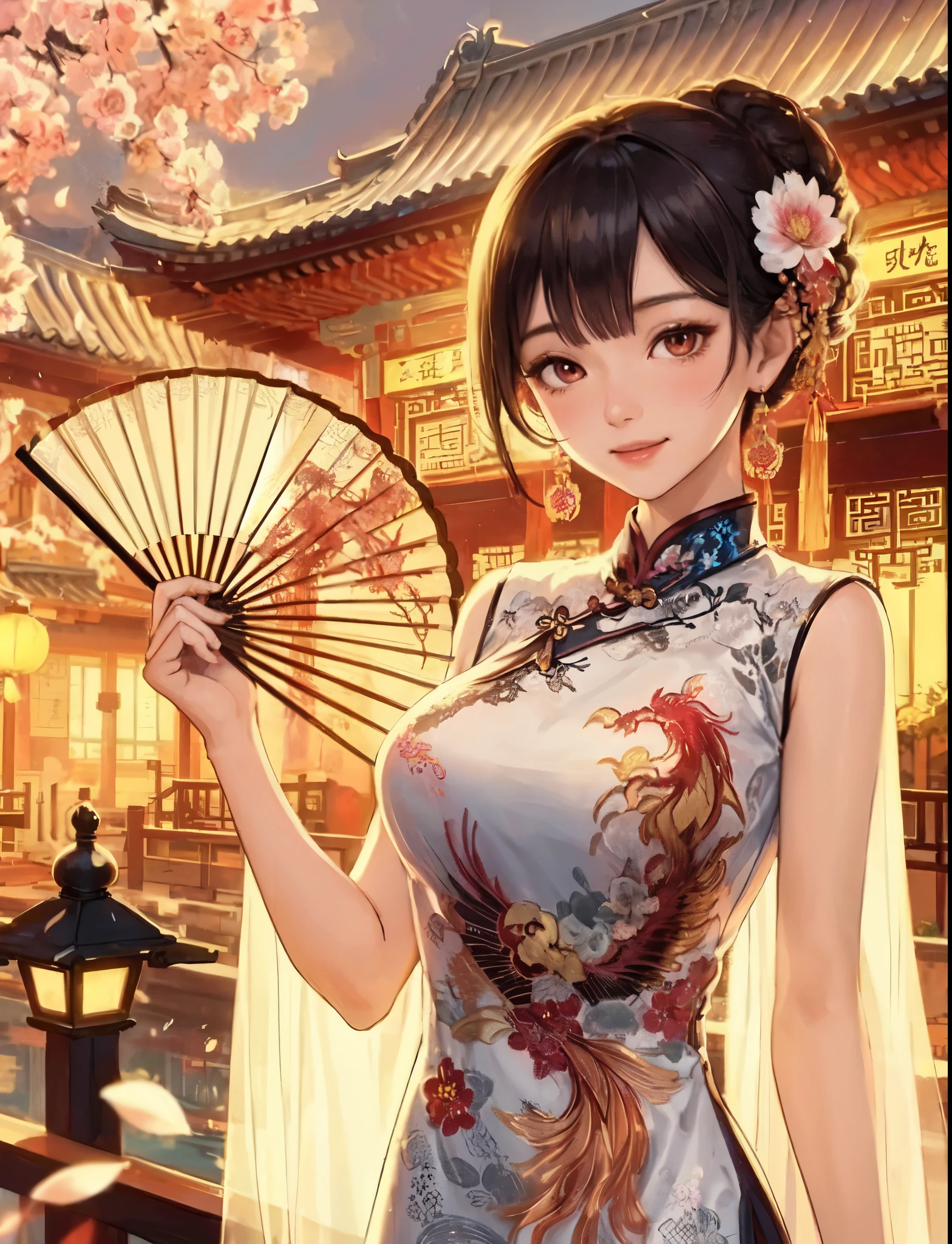 1lady solo, (vibrant cheongsam with delicate embroidery) white dress, mature female, /(black hair/) bangs, blush kind smile, (masterpiece best quality:1.2) delicate illustration ultra-detailed, large breasts BREAK (embroidery depicting phoenix:1.2) phoenix, (holding an ancient fan) BREAK /(traditional townscape in China/), (Chinese-style building), outdoors, petals dancing down, (at dusk), detailed background