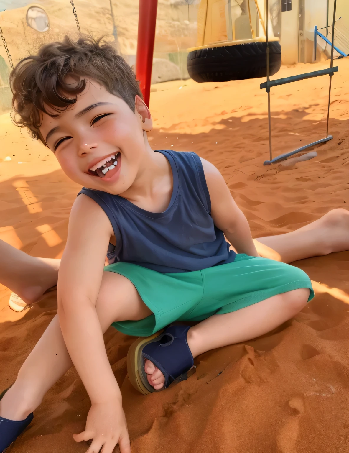 prickly boy sitting on the ground in a playground with his feet in the sand, sorrindo de brincadeira, me divertindo muito, na areia, areia Vermelha, garoto feliz, Meu filho! the jaws that bite, 4 anos, 2 anos de idade, brincando na praia, no Parque, sorrindo de cima, feliz com a boca aberta