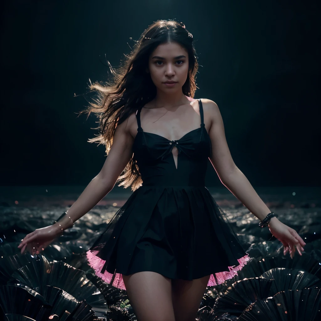 charming girl, Beautiful brown eyes, in a dress made of rare black threads, glowing neon bracelets on graceful hands,
picture, night,  running through a field of glowing sea anemones, mysterious light of plankton, Fantasy, a dream, Chromatic aberrations,
double exposure,
16k,
high contrast 0-255,
professional photo