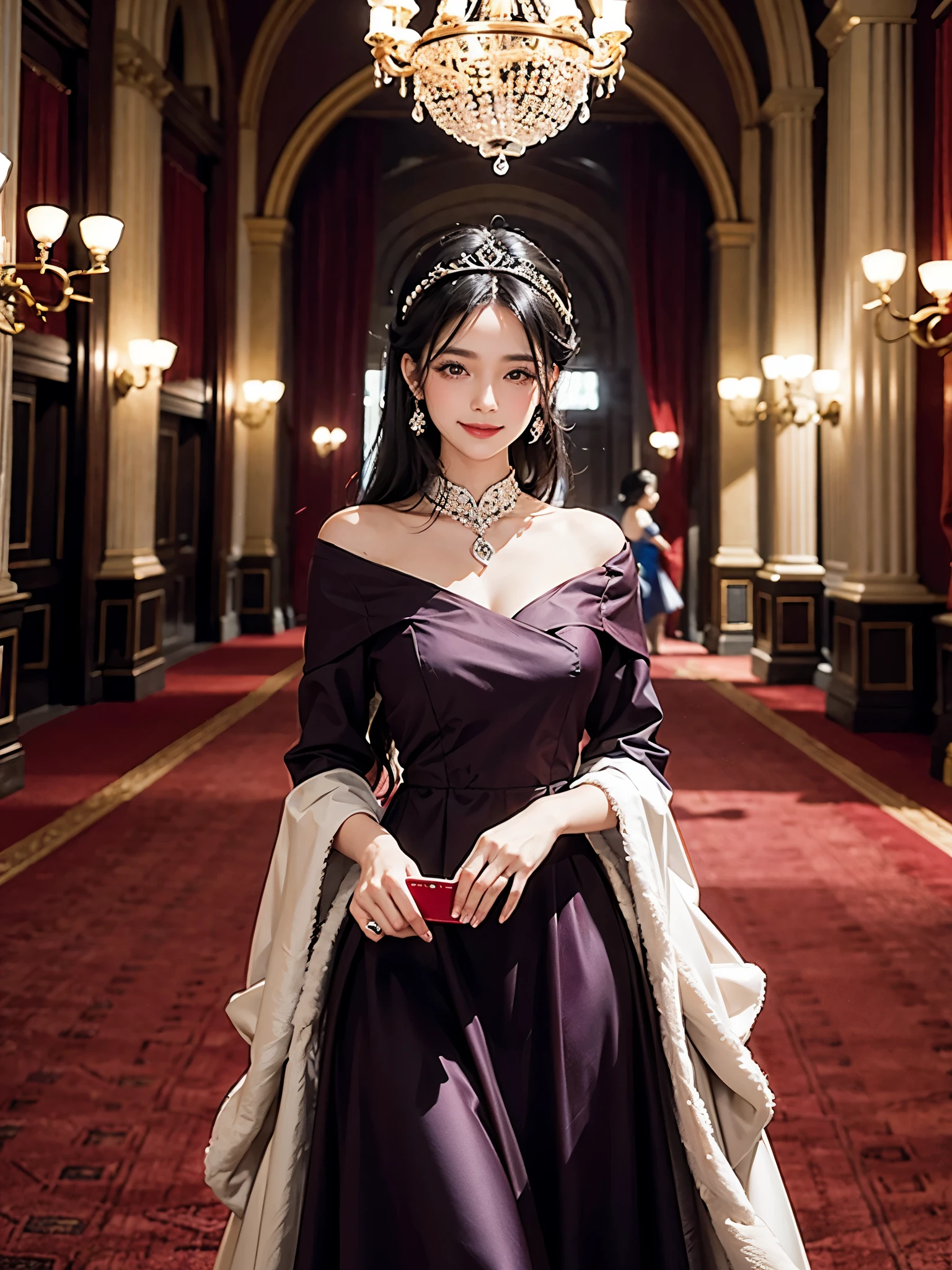 radiate femininity,black hair,wearing red dress,Smiling at a fancy banquet,masterpiece,best quality,enchanted,Royal sister,best quality,masterpiece,Very tall