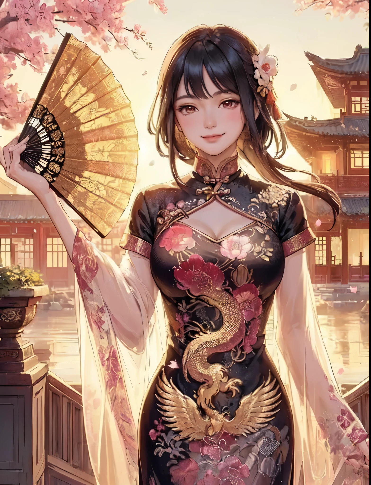 Top quality, incredibly absurd, highly detailed, 2.5D, delicate and dynamic, beautiful woman, intelligent and cool beauty, seductive expression, tight hair, wearing rainbow gradient sleeve cheongsam with intricate and luxurious embroidery, shiny satin fabric, accessories, best figure, gorgeous and luxurious effect, background aristocratic society
