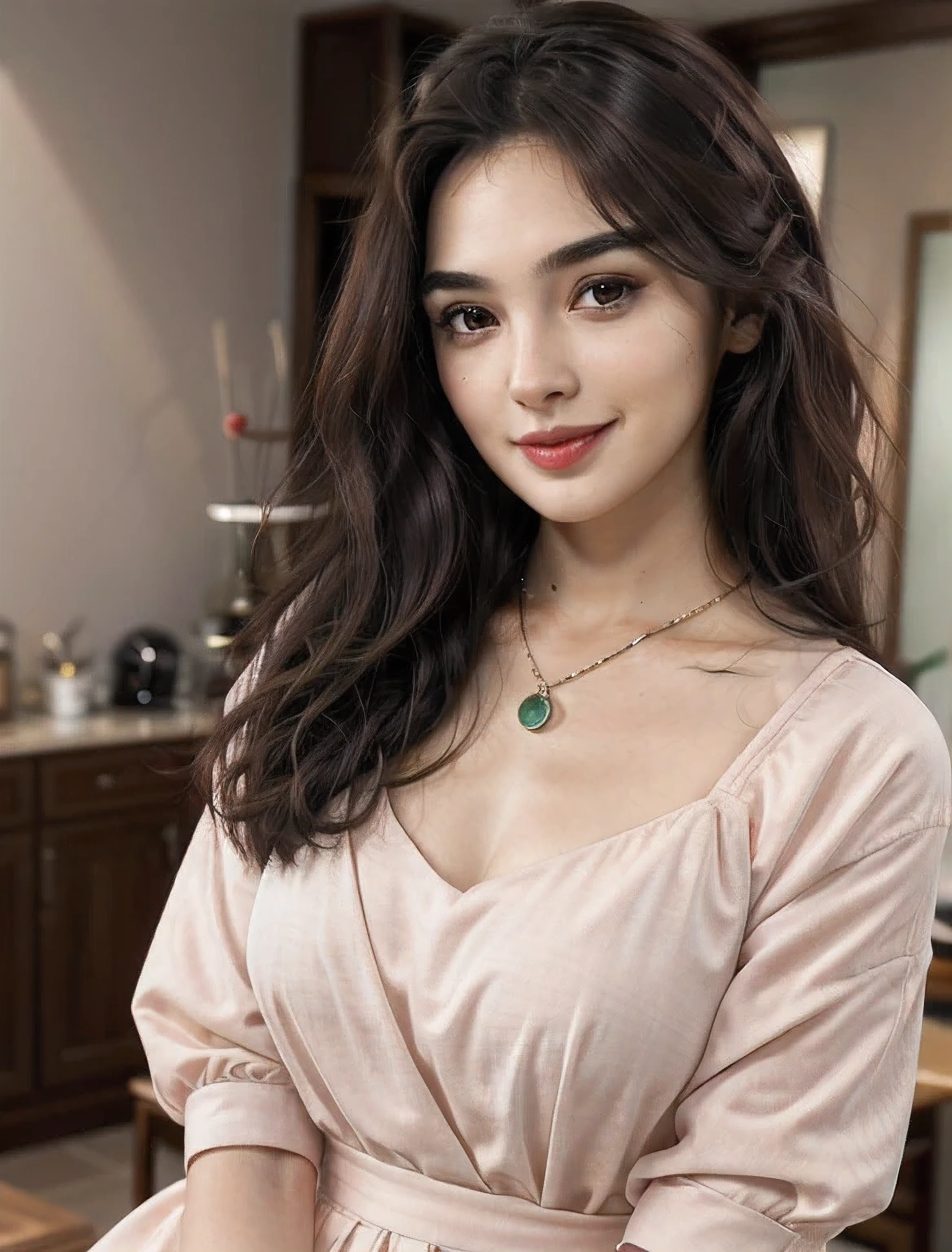 raw, analog style, beautifully, best quality, Super detailed, fine details, Wide-angle lens, colorful, (Perfect body, perfect face), 详细whole body, (beautiful 30 years old charming马来妹: 1.3), soft lips, (light eyebrows: 1.4), 1 female, 30 years old, focus only, healthy figure, healthy brown skin, Dark complexion, soft lips, ( light eyebrows: 1.4), Shiny brown eyes, long black curly hair, hairpin, medium bust, 精致的modern furniture, flowing hair(Circle hair), beautiful and beautifully eyes, Pink green skirt, Smile, best quality, ultra high resolution, (realism: 1.4), hyperrealism, 1 girl, Smile, charming, whole body, C cup, small breasts, Covered breasts, charming charming round face, Very detailed, beautifully collarbone, sapphire necklace, charming身材, light green girl'dress, Smile, Kitchen at home, White cabinets, modern home, modern furniture, There are red wine glasses on the table, playful gestures