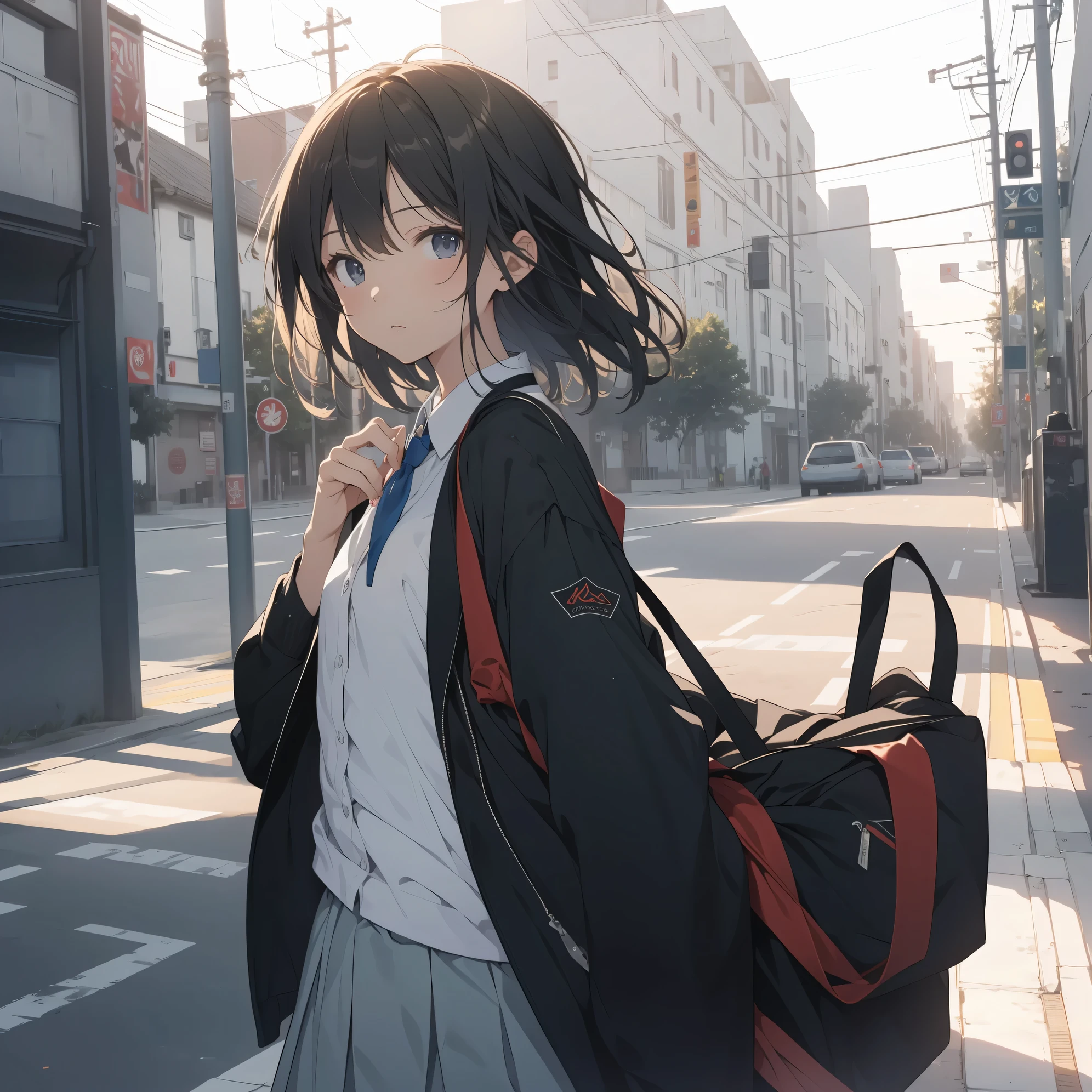 Ultra-highest quality by the art god, super detailed, High resolution, anime moe art style, best anime 8K konachan wallpaper, pixiv contest winner, perfect anatomy, break,(眠そうにalone学校へ行く女の子を描いてください. )break, 1 girl, (alone,little woman, , :1.3),All limbs, full finger,, The charm of an immature body, (very short hair), flat chest, small ass, between legs, Small black eyes, beautiful and fine eyes, Well-proportioned iris and pupils, expressive eyes, High resolutionの詳細な髪, ribbon, skirt, collared shirt, Ascot, pleated skirt, school uniform, (detailed lighting), (detailed background), On the way to school. break,super dense skin, Best lighting by famous artists, 8K, figure,UHD, rough skin