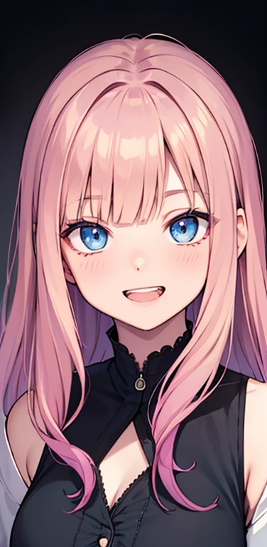 Realistic、1girl、fluorescence　pink hair、blue eyes、(eye focus:1.3,face focus:1.3,upper body:1.5),(gradient eyes:1.3),(blouse)、open mouth,(grin:1.3),blunt bangs、cute face,portrait,