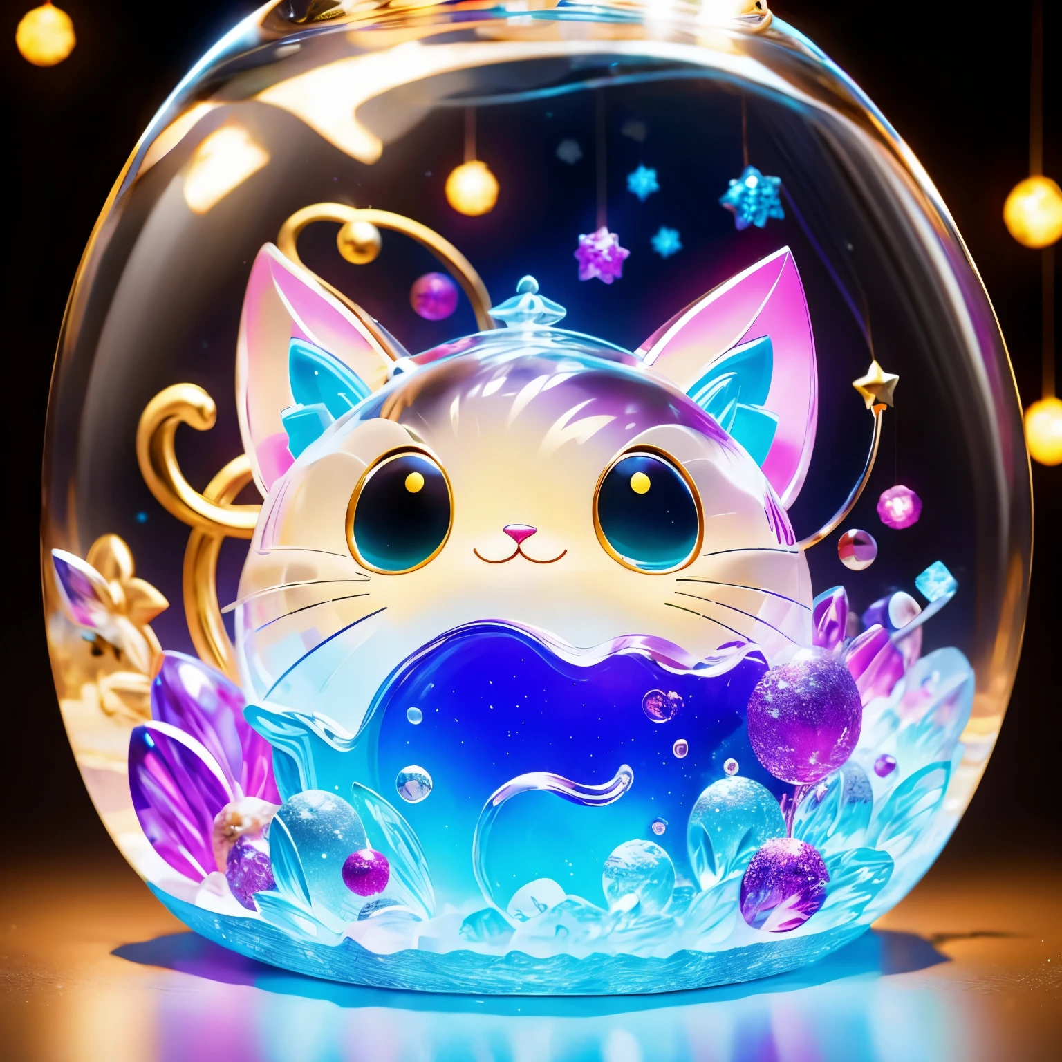 Jelly formed cat，in the room，smiley face，Christmas decoration，Surrounded by Christmas gifts，Dreamy elements（（（masterpiece）））， （（best quality））， （（intricate details））（8k）