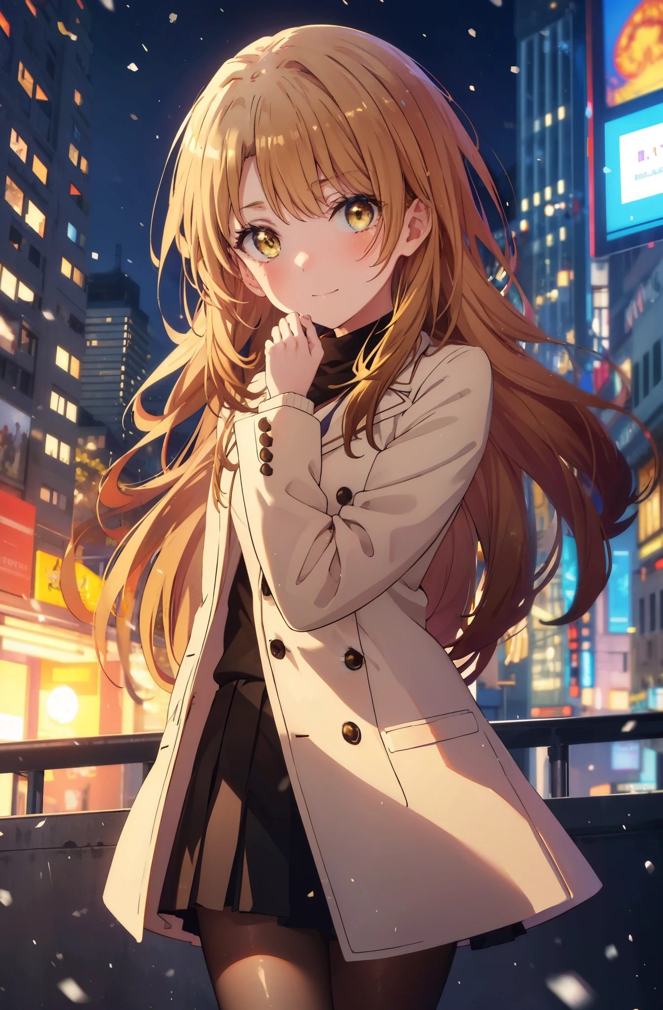 irohaisshiki, Isshiki Iroha, long hair, brown hair, (brown eyes:1.5), smile,blush,yellow long coat,sweater,red muffler,long skirt,black pantyhose,brown boots,winter,It's snowing,whole body,peek from above,
break outdoors, city,building street,
break (masterpiece:1.2), highest quality, High resolution, unity 8k wallpaper, (shape:0.8), (beautiful and detailed eyes:1.6), highly detailed face, perfect lighting, Very detailed CG, (perfect hands, perfect anatomy),