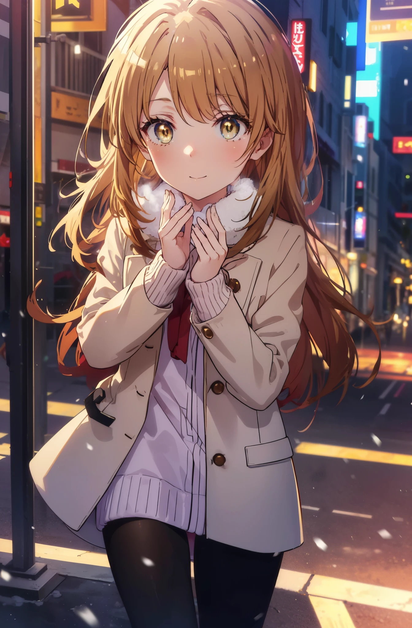 irohaisshiki, Isshiki Iroha, long hair, brown hair, (brown eyes:1.5), smile,blush,yellow long coat,sweater,red muffler,long skirt,Mini Boots,winter,It&#39;s snowing,whole body,
break outdoors, city,building street,
break (masterpiece:1.2), highest quality, High resolution, unity 8k wallpaper, (shape:0.8), (beautiful and detailed eyes:1.6), highly detailed face, perfect lighting, Very detailed CG, (perfect hands, perfect anatomy),