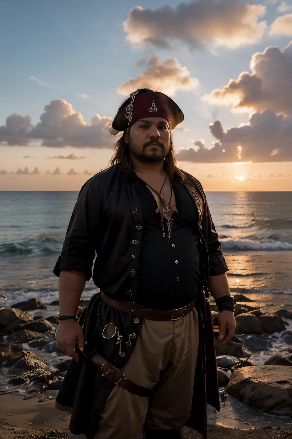 horizontal image of a fat pirate with a fancy pirate clothe and two other pirates silhuetes behind him with sea background with a beatiful sunset
