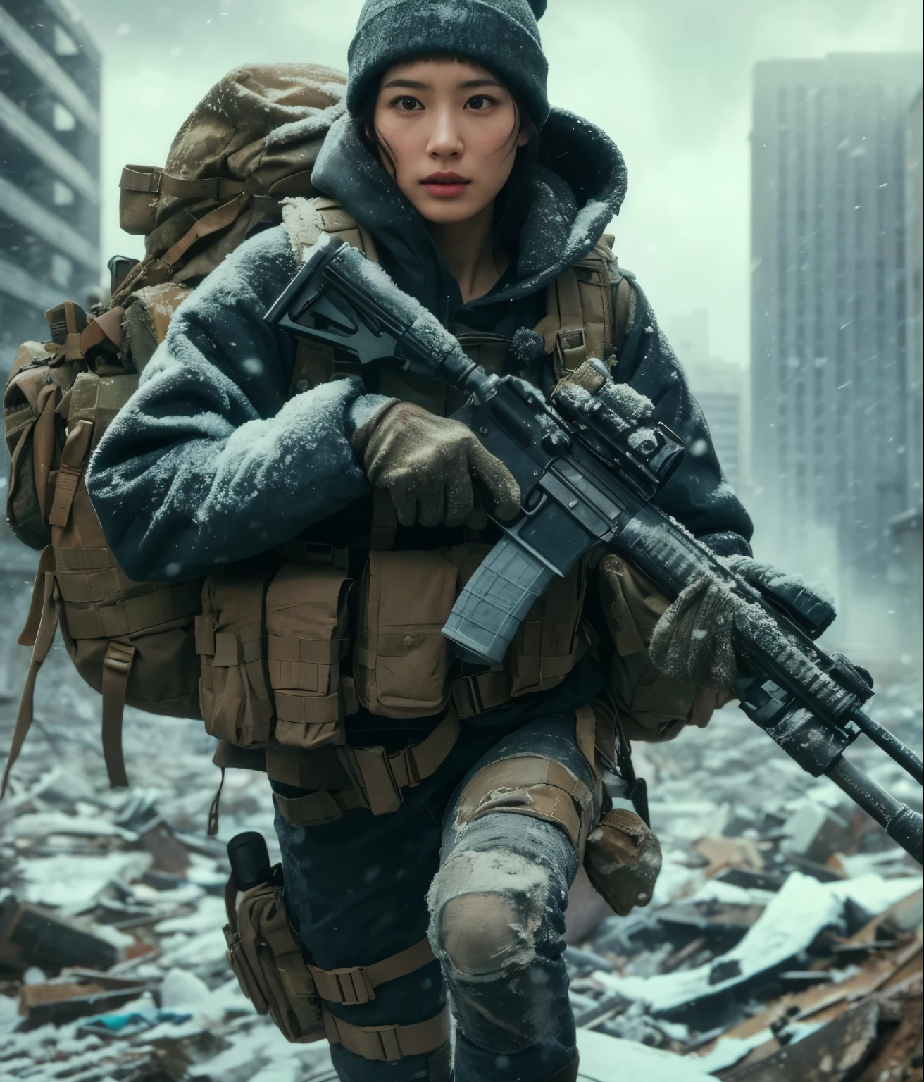 photorealistic、realistic skin texture、A beautiful Japanese woman belonging to the American military is in a city of winter rubble.、alley、old brick building、I&#39;m on guard、Backpack、tactical puffer jacket、baseball cap、automatic rifle、bulletproof vest、It's snowing、moving action pose、muddy boots