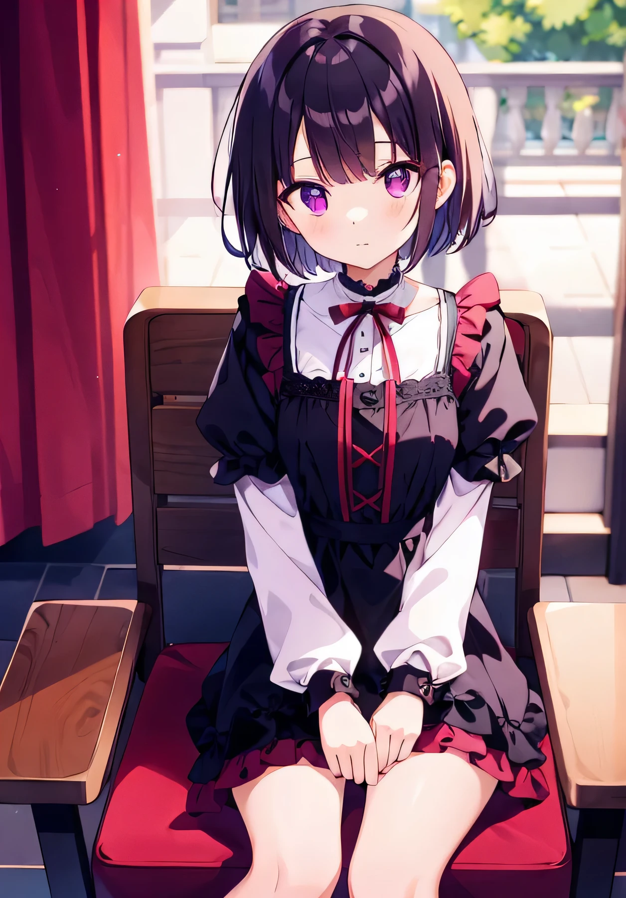 left eye purple，Right eye is red，Lolish，black frilled dress，short brunette girl，sit on the chair，a girl，meet acquaintances