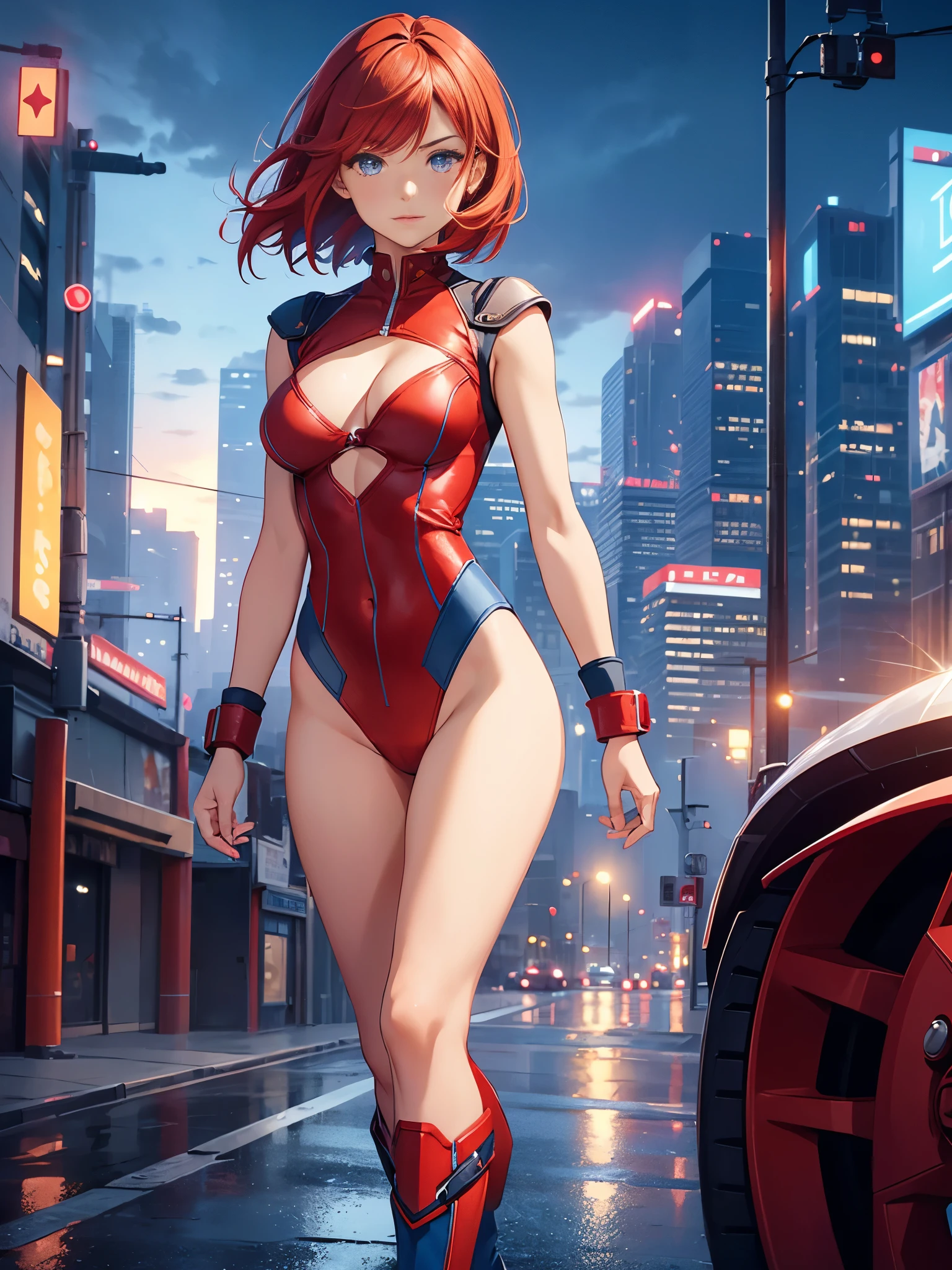 1girl, medium breasts, leotard, red leotard with blue accents, bare legs, boots, matching boots, bracelets, city backdrop, solo, single, standing, full body shot, cowboy shot, beautiful detailed eyes, blue eyes, mature lady, (red hair, bob hair), superhero