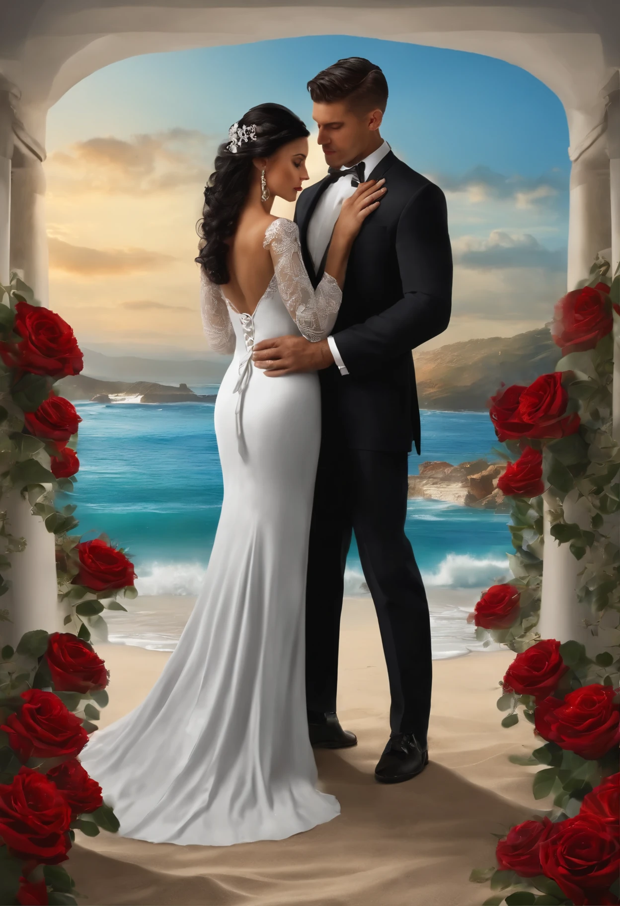 They are getting married on the beach. The woman is wearing a long, dazzling white dress and holds a bouquet of red roses (her black hair is tied in a bun with a veil). And the man is wearing a dark suit showing some of his tattoos and his short, well-kept blonde hair (blue eyes, almost gray).