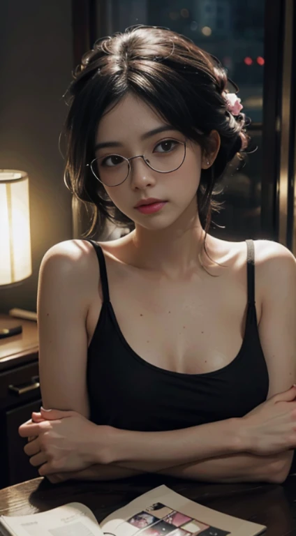 Best Quality, Masterpiece, Ultra High Resolution, (Realisticity: 1.4), Original Photo, 1girl, Pink Off-the-Shoulder, Cinematic Lighting, glasses, ((black tanktop))