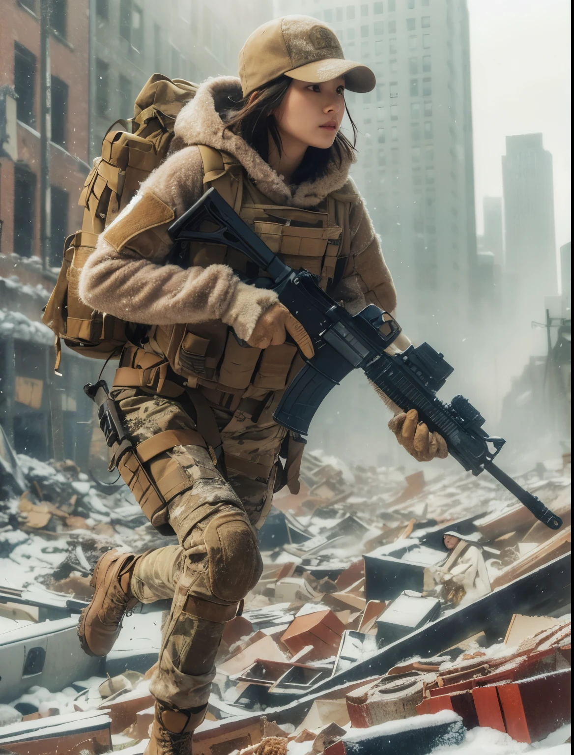 photorealistic、realistic skin texture、A beautiful Japanese woman belonging to the American military is in a city of winter rubble.、alley、old brick building、I&#39;m on guard、Backpack、tactical puffer jacket、baseball cap、automatic rifle、bulletproof vest、It's snowing、moving action pose、muddy boots