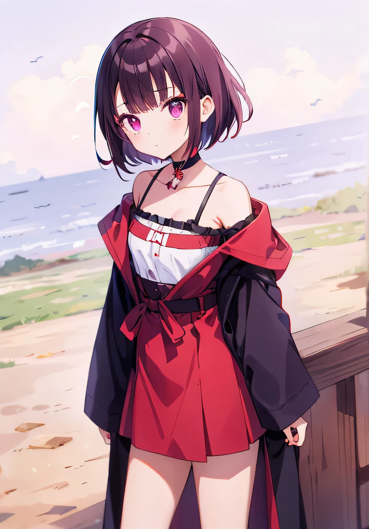 left eye purple,Right eye is red,Lolish,black robe,short brunette girl,stand,a girl,deep breath,site